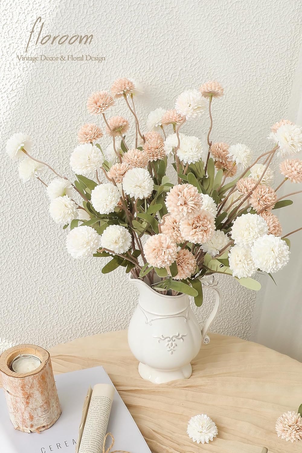 Floroom 9pcs Beige Ivory Mix Faux Silk Mums Artificial Flowers, Bulk Fake Small Mini Chrysanthemums with Stems for DIY Wedding Centerpieces Floral Arrangements Vase Fillers Home Decorations