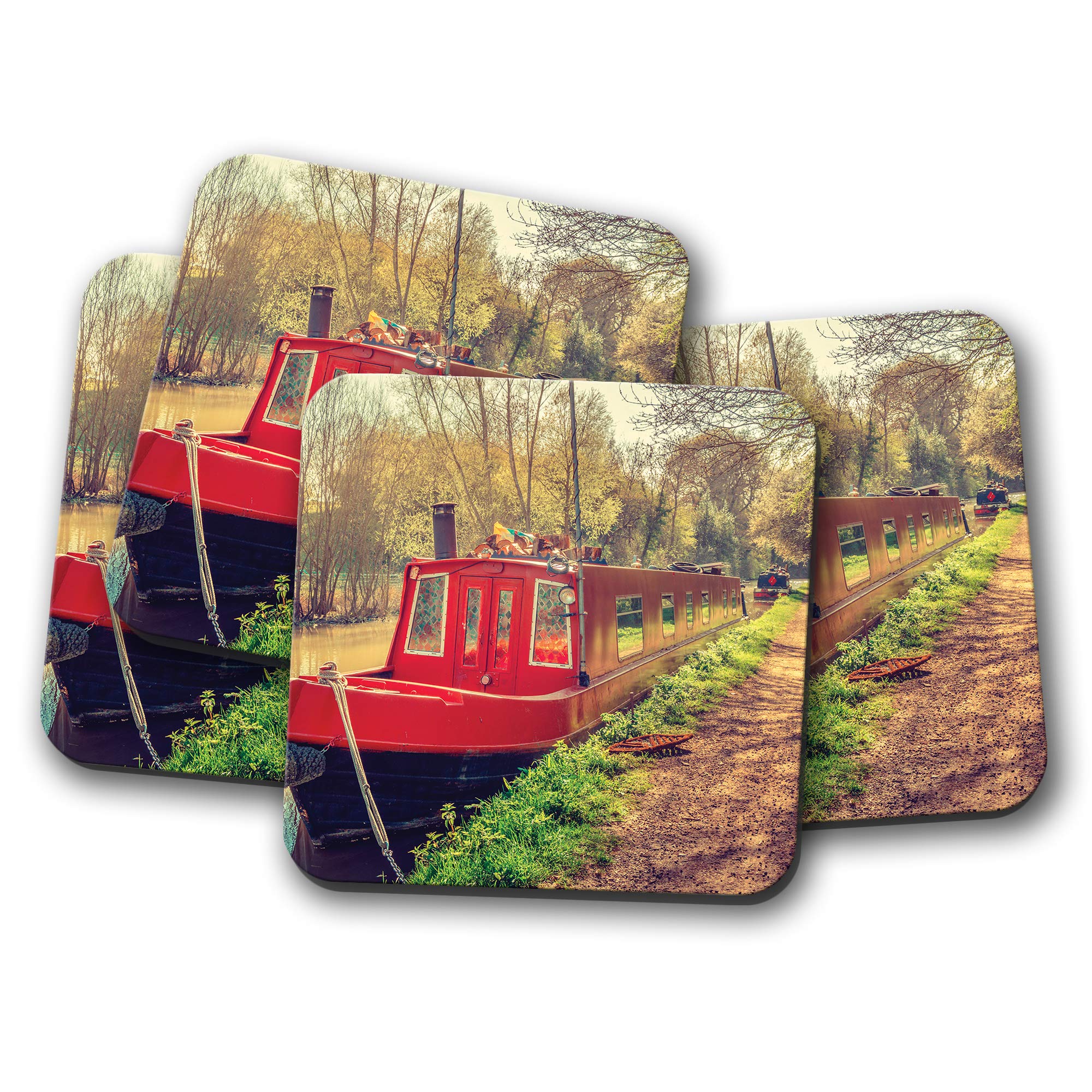 Destination Vinyl Ltd Multicolor 4 Set - Red Canal Boat Coaster - Narrowboat River Waterway Pretty #16460