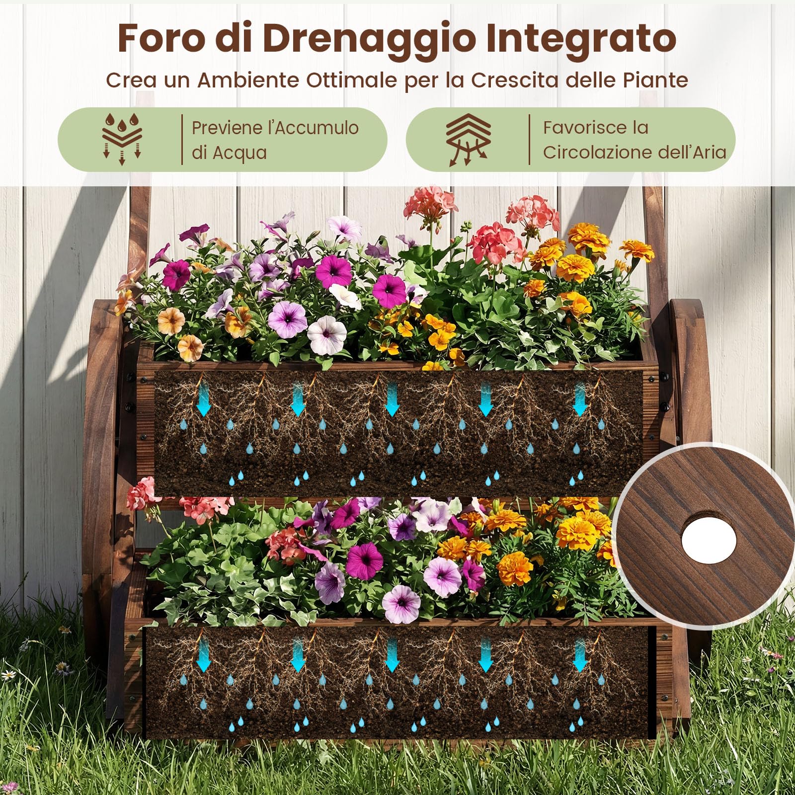 COSTWAY Fioriera Rialzata a 2 Livelli, Carretto di Legno con Fori di Drenaggio, Semi-Ruote e Guanti, per Verdure, Erbe Aromatiche, Fioriera da Interno ed Esterno per Patio, Giardino e Balcone
