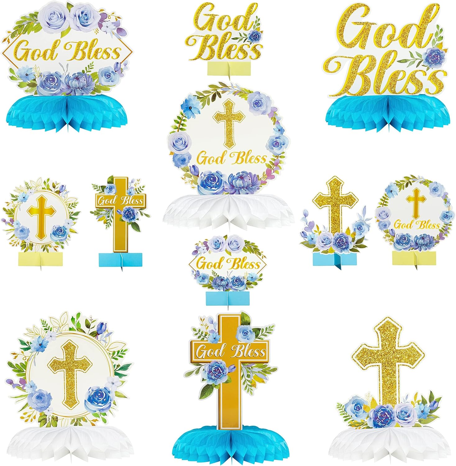 ANGOLIO 12Pcs Blue Floral God Bless Honeycomb Centerpieces Christian Cross Baptism First Confirmation Table Party Decorations for Boys Girls Baby Shower Gender Reveal Birthday Wedding Party Supplies