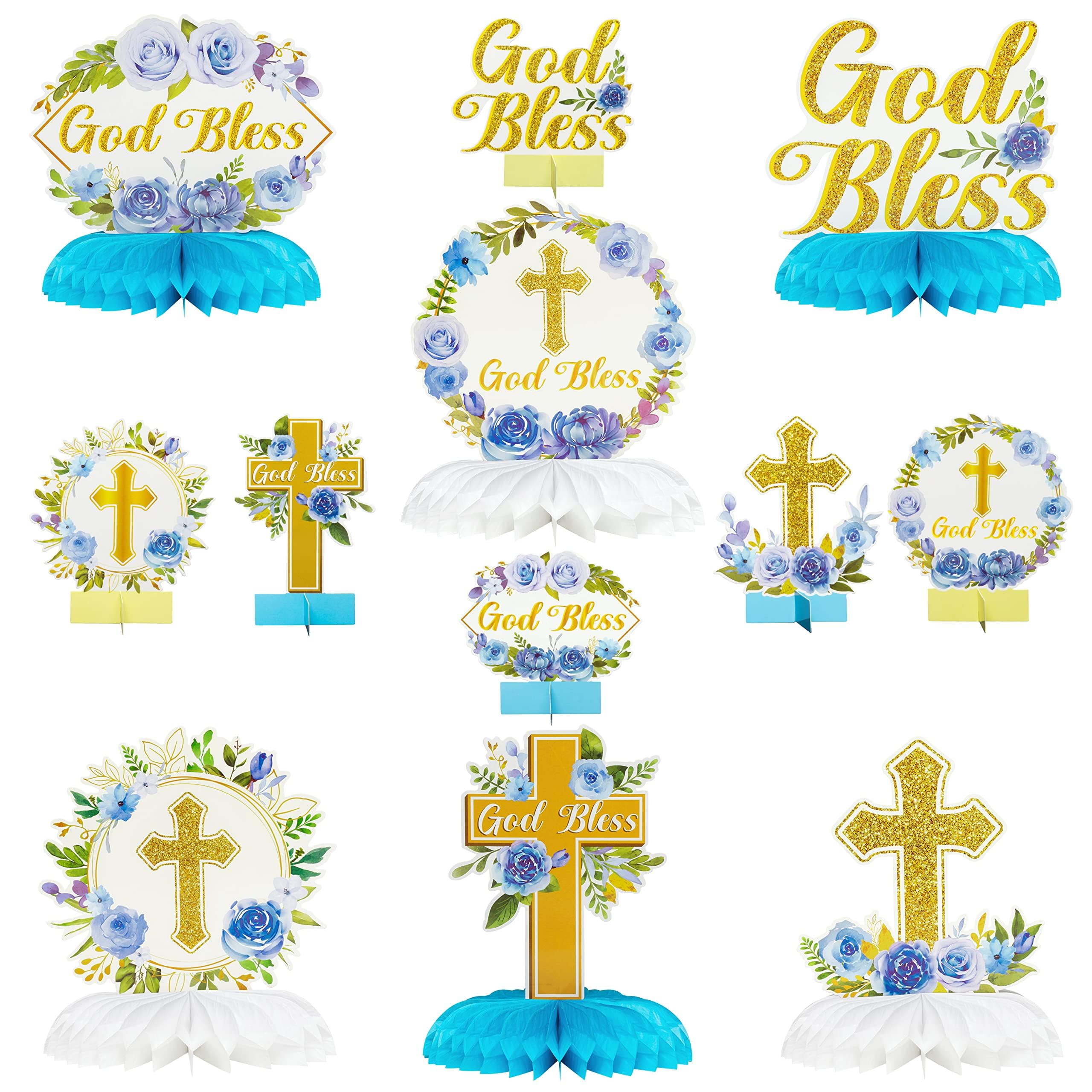 ANGOLIO 12Pcs Blue Floral God Bless Honeycomb Centerpieces Christian Cross Baptism First Confirmation Table Party Decorations for Boys Girls Baby Shower Gender Reveal Birthday Wedding Party Supplies