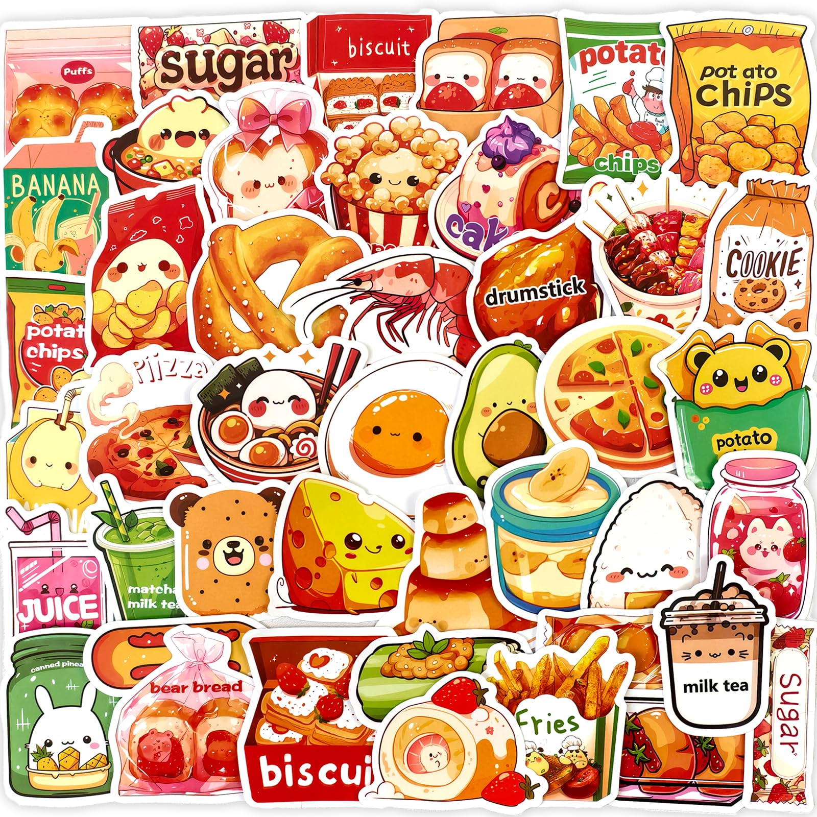 Ychsring Cute Food Stickers - 50 Pcs Waterproof Vinyl Cartoon Snack Stickers for Water Bottle, Laptop, Phone Case, Cup, Guitar - Kawaii Donut Pizza
