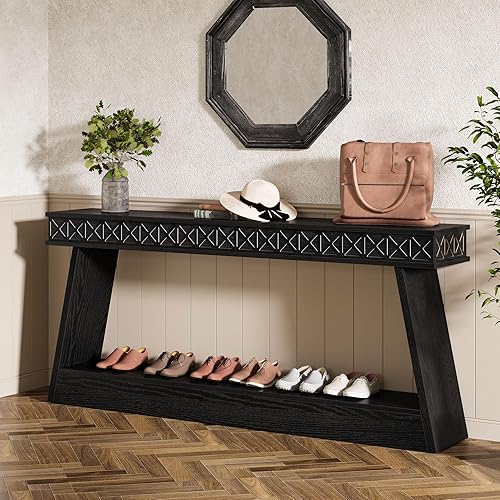 Miniatura 7 de Tribesigns Mesa consola moderna, mesa de entrada extra larga de 71 pulgadas con almacenamiento, mesa de sofá estrecha de 2 niveles detrás del sofá,