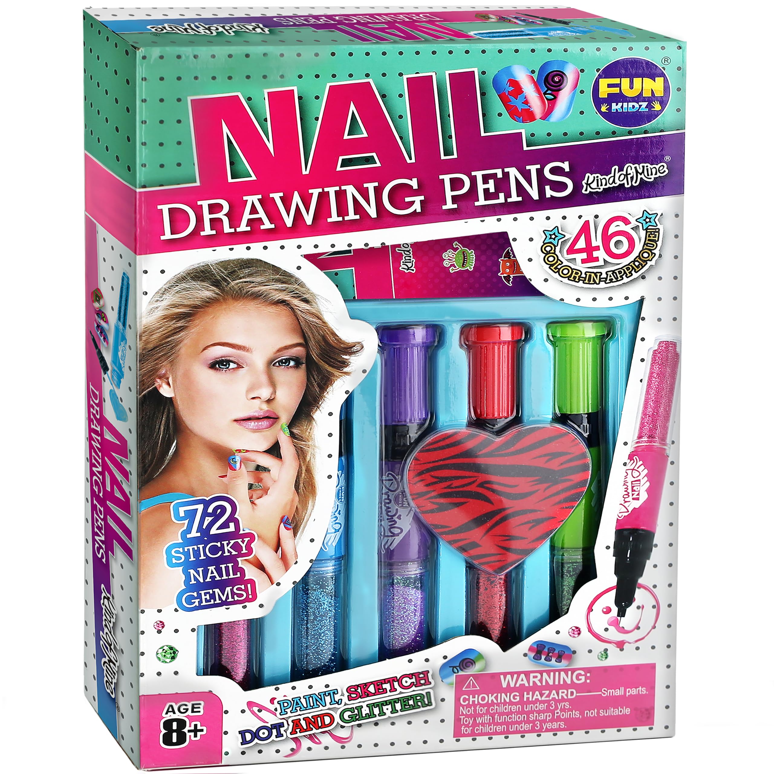 Craft Nail Pens Kit for Kids Ages 7-12, FunKidz Nail Set with Nail Polish Glitter Sticker Temporary Makeup Nails Kit for Girl Teens Party Activities Gifts