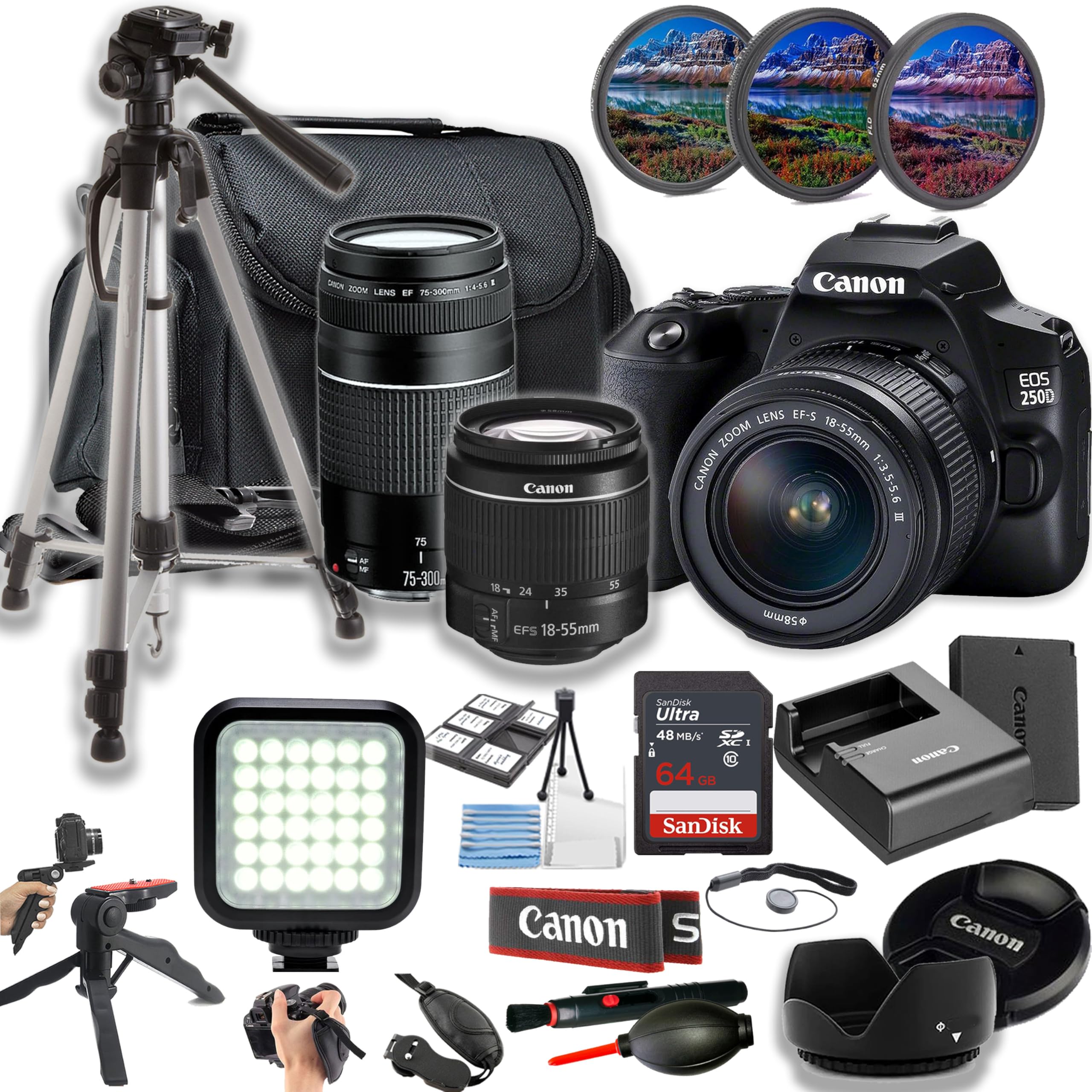 Canon EOS 250D / Rebel SL3 Digital SLR Camera w/EF-S 18-55mm and 75-300mm Lens + LED Light + 64GB Memory + Filters + Case + Tripod + Grips + Hood, and More (26pc Bundle) (Renewed)
