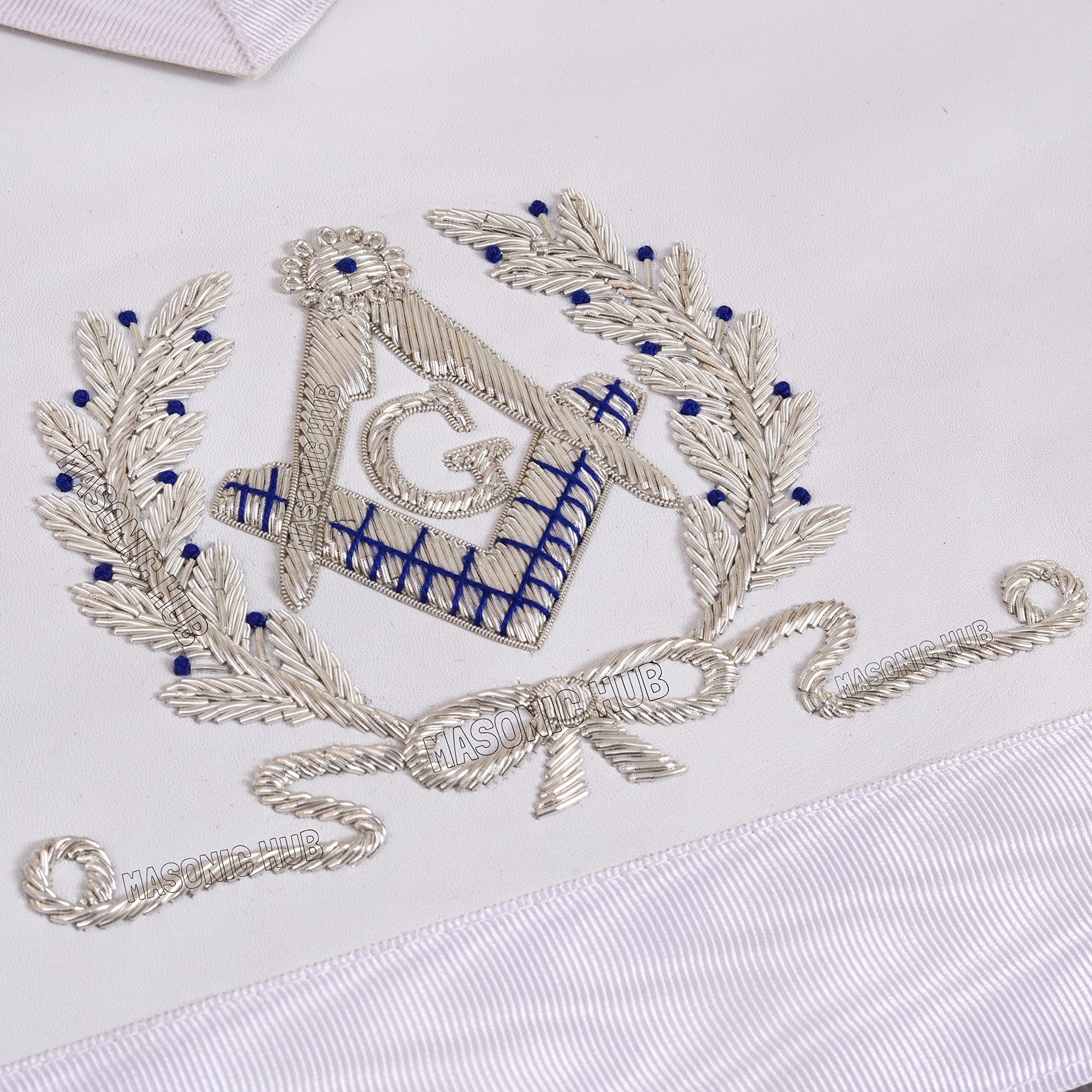 MasonicHub Delantal Mason blanco bordado a mano bullion cuadrado y brújula 100% piel de cordero masónico delantal, Plateado, Large