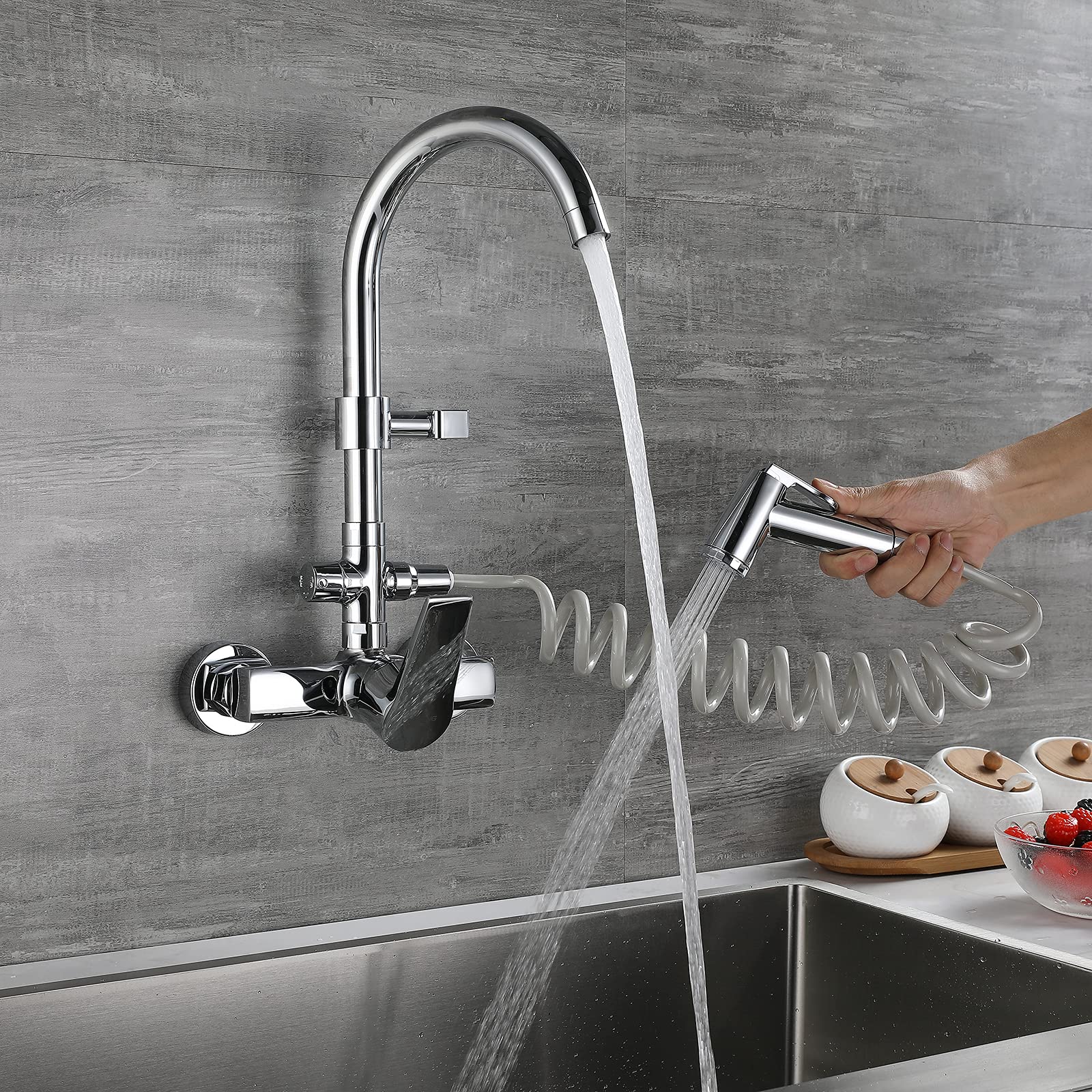 Tipo de Cocina en la Pared grifería multifunción Pistola de Lavado pileta de la Piscina Fregadero Doble Agujero Grifo Caliente y fría (Tipo de Pared)