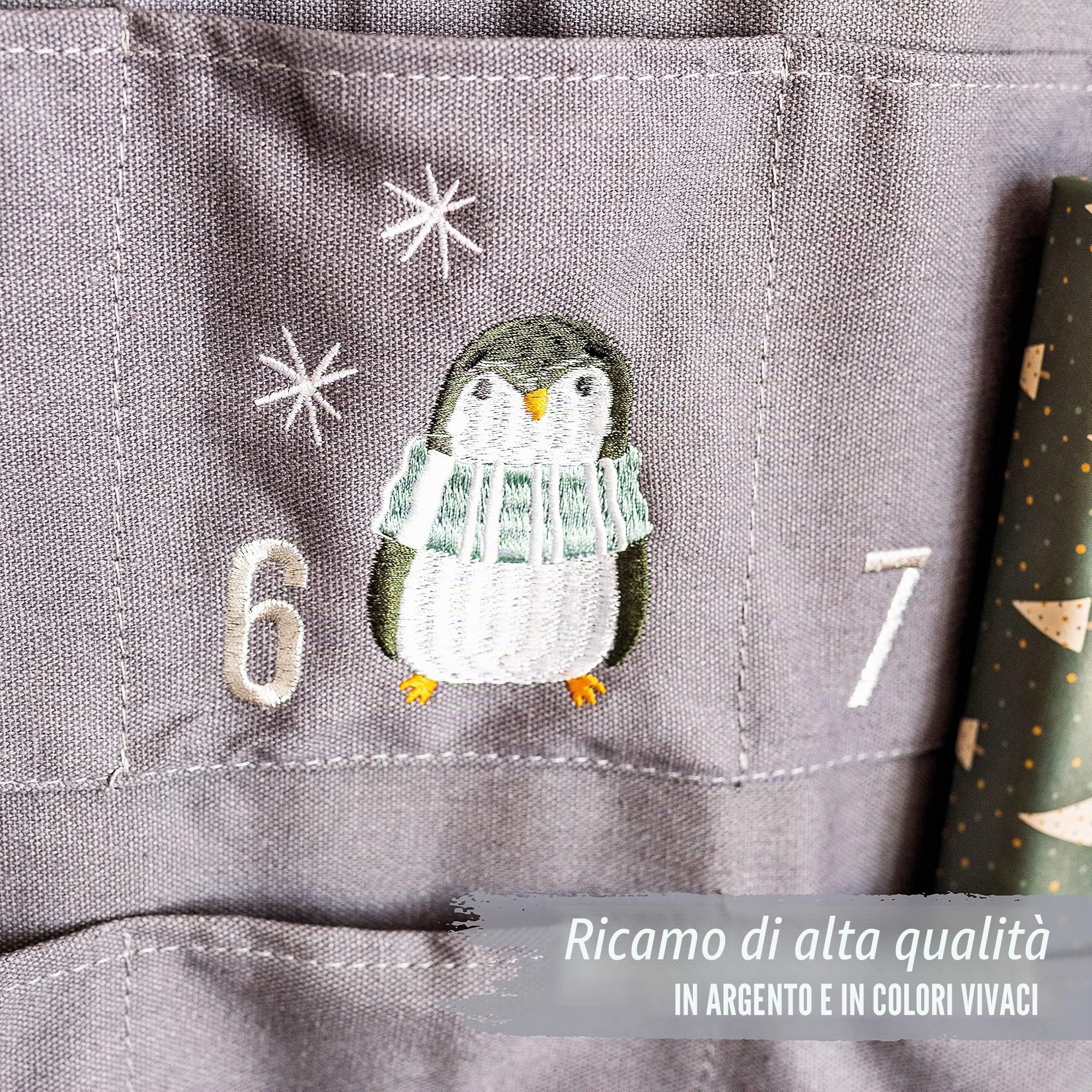 Papierdrachen - Calendario dell'Avvento da riempire in tessuto ricamato, con sacchetti, riutilizzabile, colore: blu/grigio e argento, set n. 35