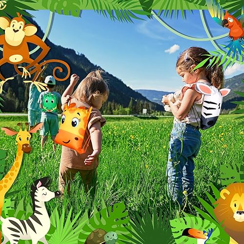 Miniatura 4 de Hillban 16 bolsas con cordón de animales para niños, mochila con cordón y oreja, para safari, cumpleaños (estilo jungla)