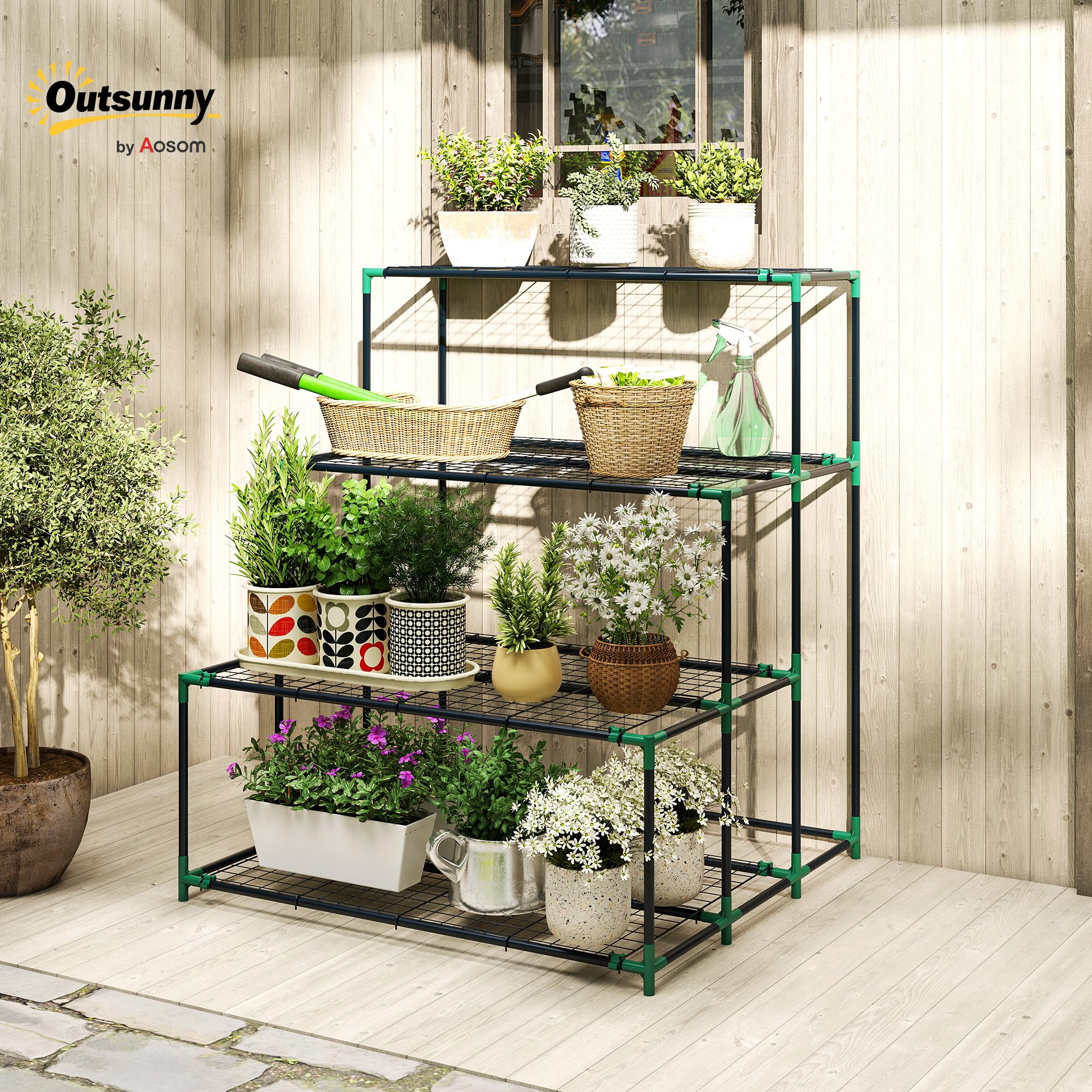 Outsunny 4-Etagen Pflanzenständer, 110 cm hoch Blumenständer mit 24 Clips, Pflanzenregal aus Stahl, mehrstöckig Blumenregal, Blumentreppe Blumentopfständer für Garten Balkon Deko, Dunkelgrün
