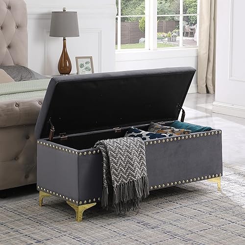 Miniatura 4 de Linique Juego de bancos de almacenamiento, bancos combinados 2 en 1 con ribete de cabeza de clavo, elegante otomana tapizada de terciopelo con