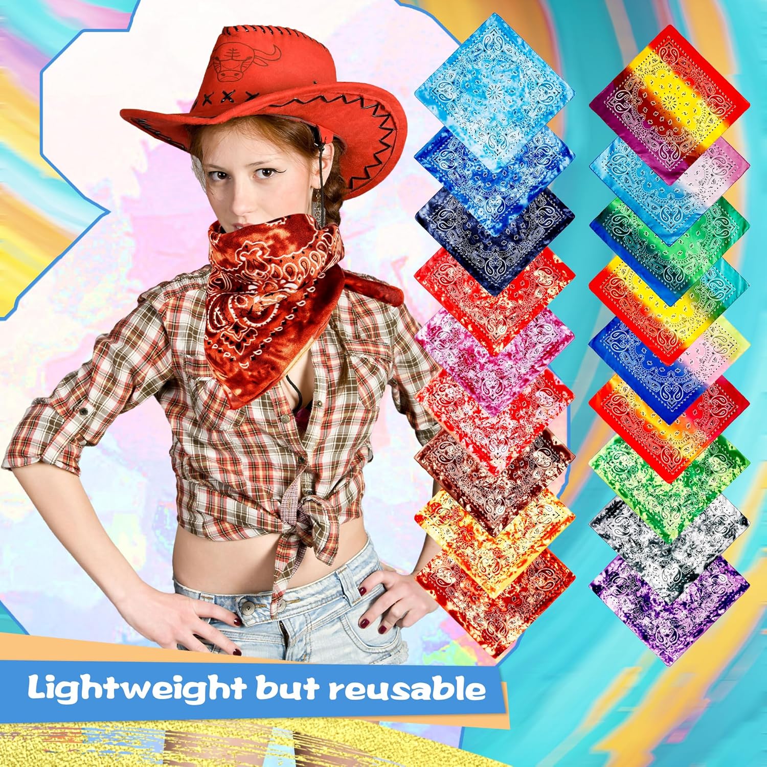 18 Pack Tie Dye Bandanas Paisley Cowboy Print Novelty Headband Polyester Hair Head Bandana for Women Men - Image 3