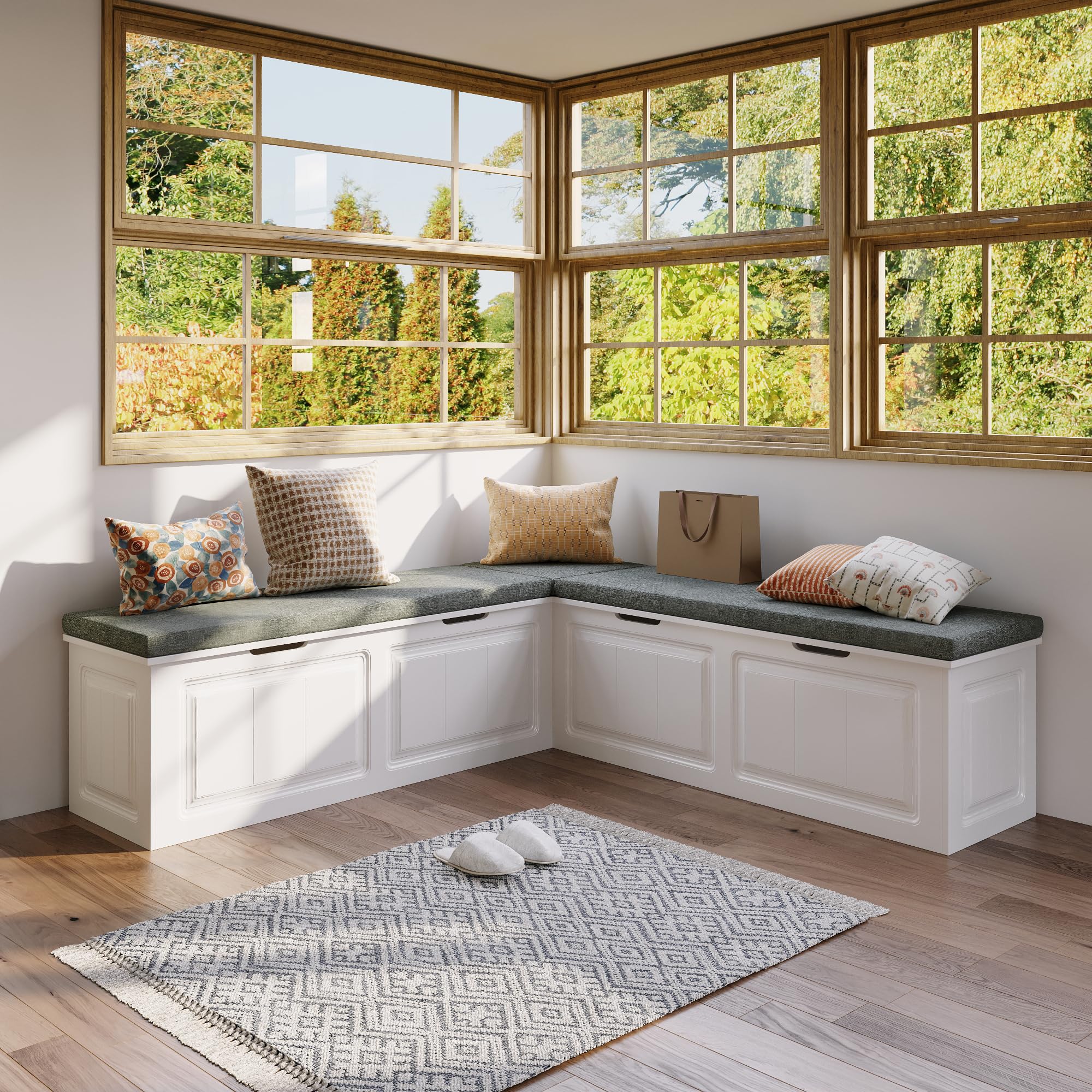 HOMSETTIE L-Shaped Storage Bench with 4 Compartments & Cushioned Seat, 18" H Corner Dining Bench Wooden Banquet Bench Nook Storage Chest for Living