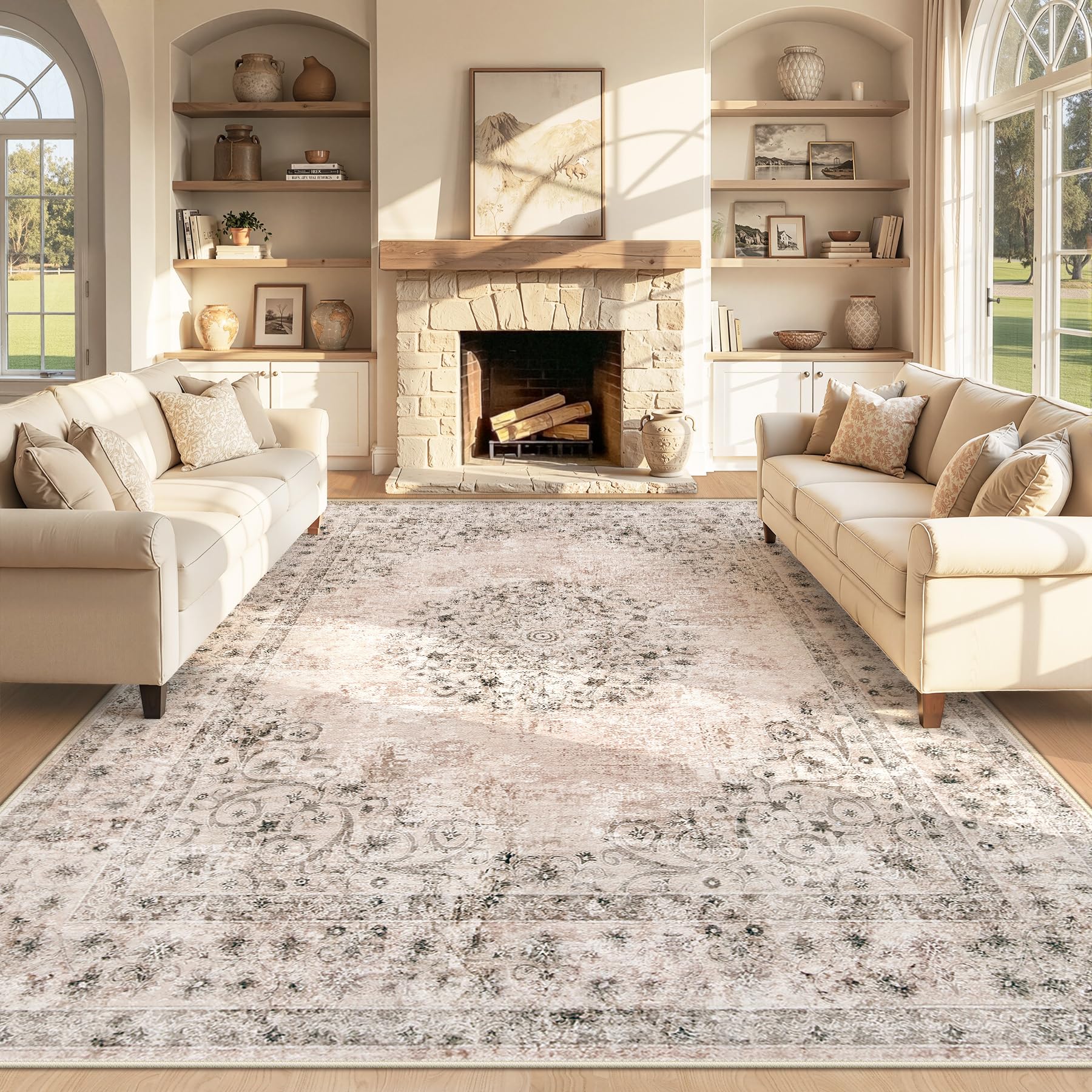 Area Rug 8x10 Vintage Rug: Large Washable Indoor Medallion Rugs Low Pile Distressed Floor Carpet Retro Accent Rug for Living Room Bedroom Kitchen