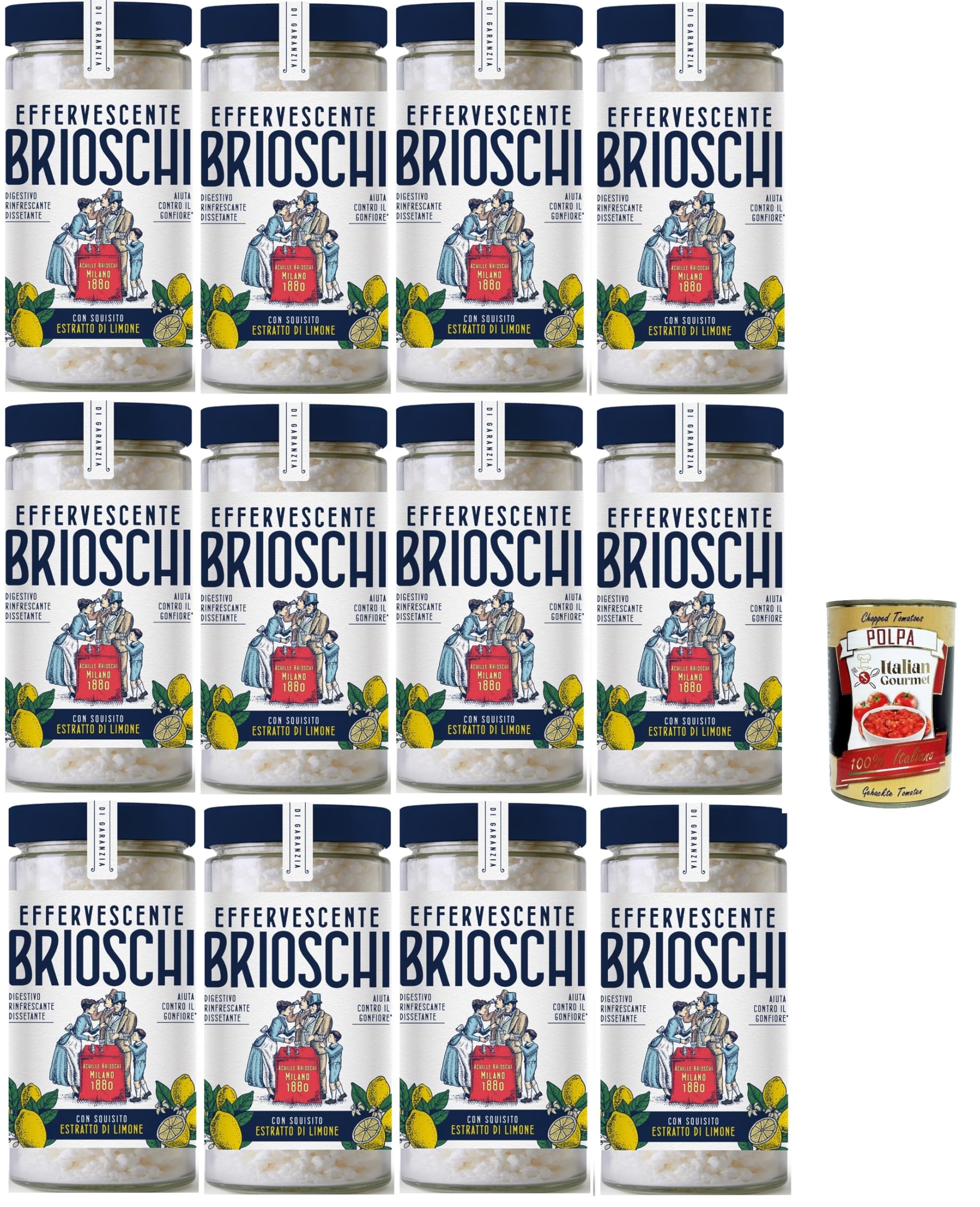 Brioschi Digestivo, digestión refrescante y sedienta, disolución digestiva refrescante con sabor a limón, 12 x 200 g + polpa italiana gourmet 400 g