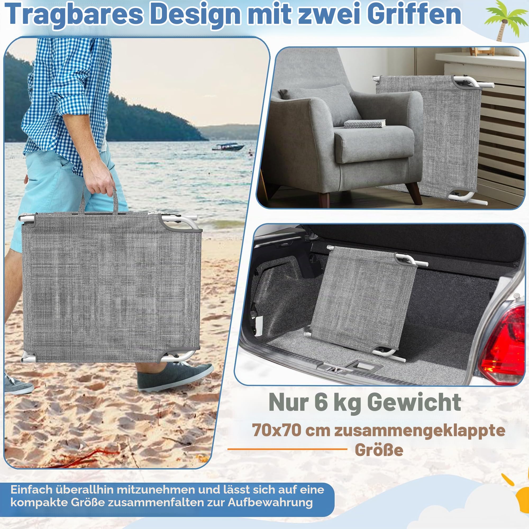 LZQ 2X Sonnenliege Liegestuhl Klappbar mit Sonnendach & Seitentasche, Gartenliege aus 600D Oxford-Gewebe, 194x68x30 cm, für Terrasse, Balkon, Camping & Outdoor, Belastbar bis 100 kg (Leinen Grau)