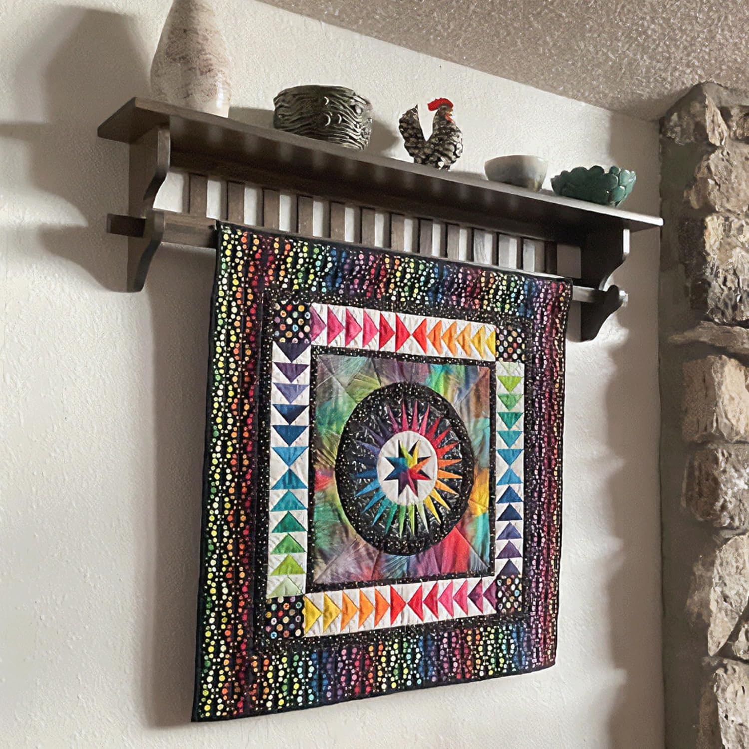RRD Mounted Mission Style Quilt Rack with Shelf - Amish Made Quilt Hanger for Wall Hangings with Display Shelf - Rustic Quilt Wall Tapestry Rug Hangers Oak Wood, Michaels Stain 42"