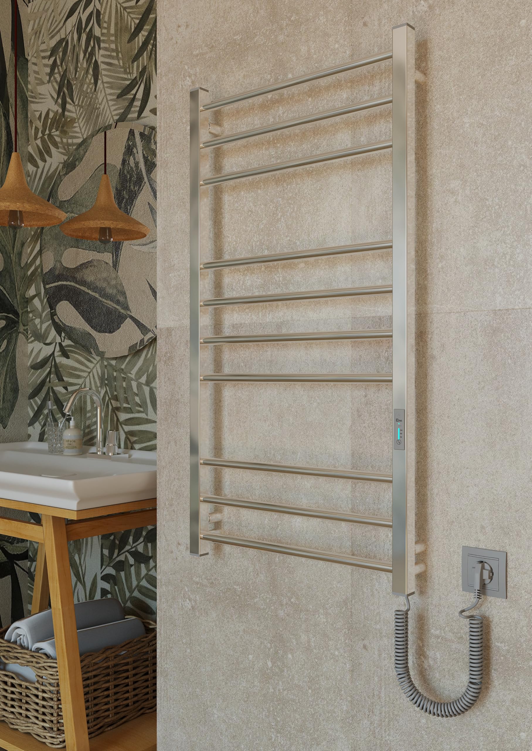 Elna grzejnik na ręczniki, chrom, elektryczny, 147 W, 1005 x 530 mm, ze stali nierdzewnej, grzejnik ścienny do domu, z termostatem, timerem i trybem Eco – IP44 – połysk lustrzany – komfort do łazienki
