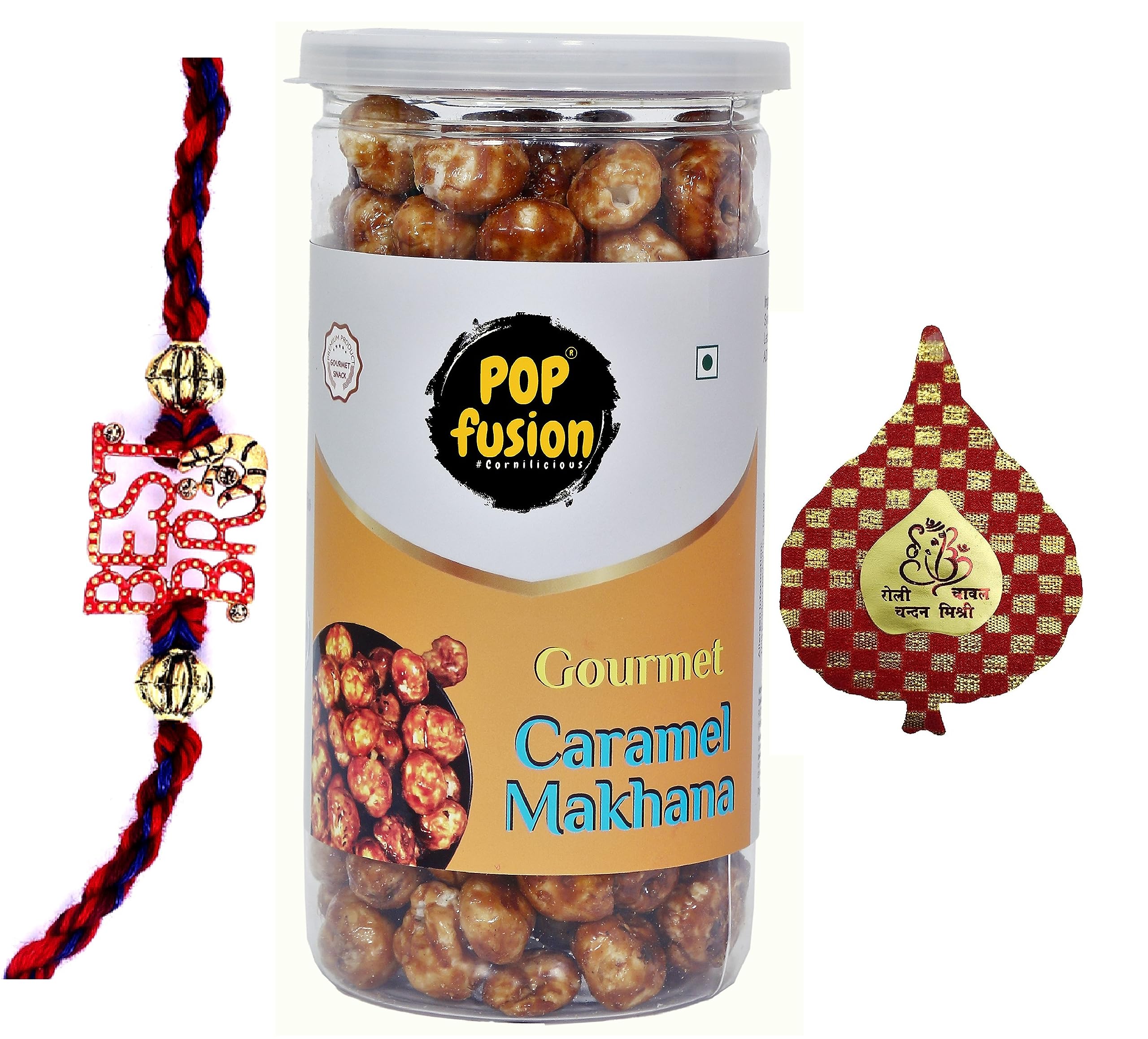 Pop Fusion Rakhi Gift-Roasted Caramel Makhana-170g with Premium Rakhi for Bhai-picture-12
