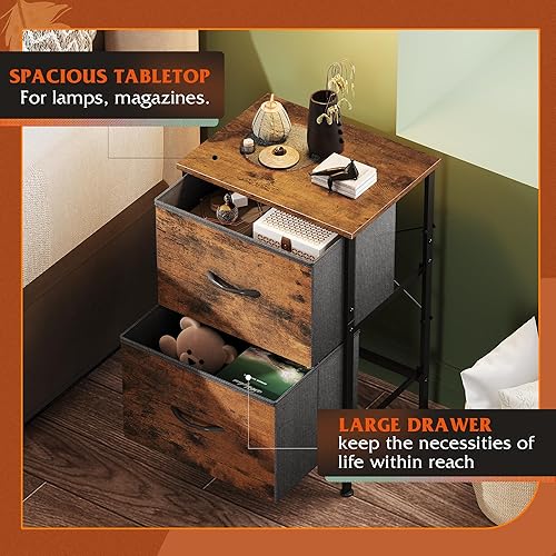 Miniatura 5 de WLIVE Mesita de noche, cómoda pequeña con 2 cajones y parte superior de madera, mesita de noche con contenedores de tela, mesa de cabecera mesa