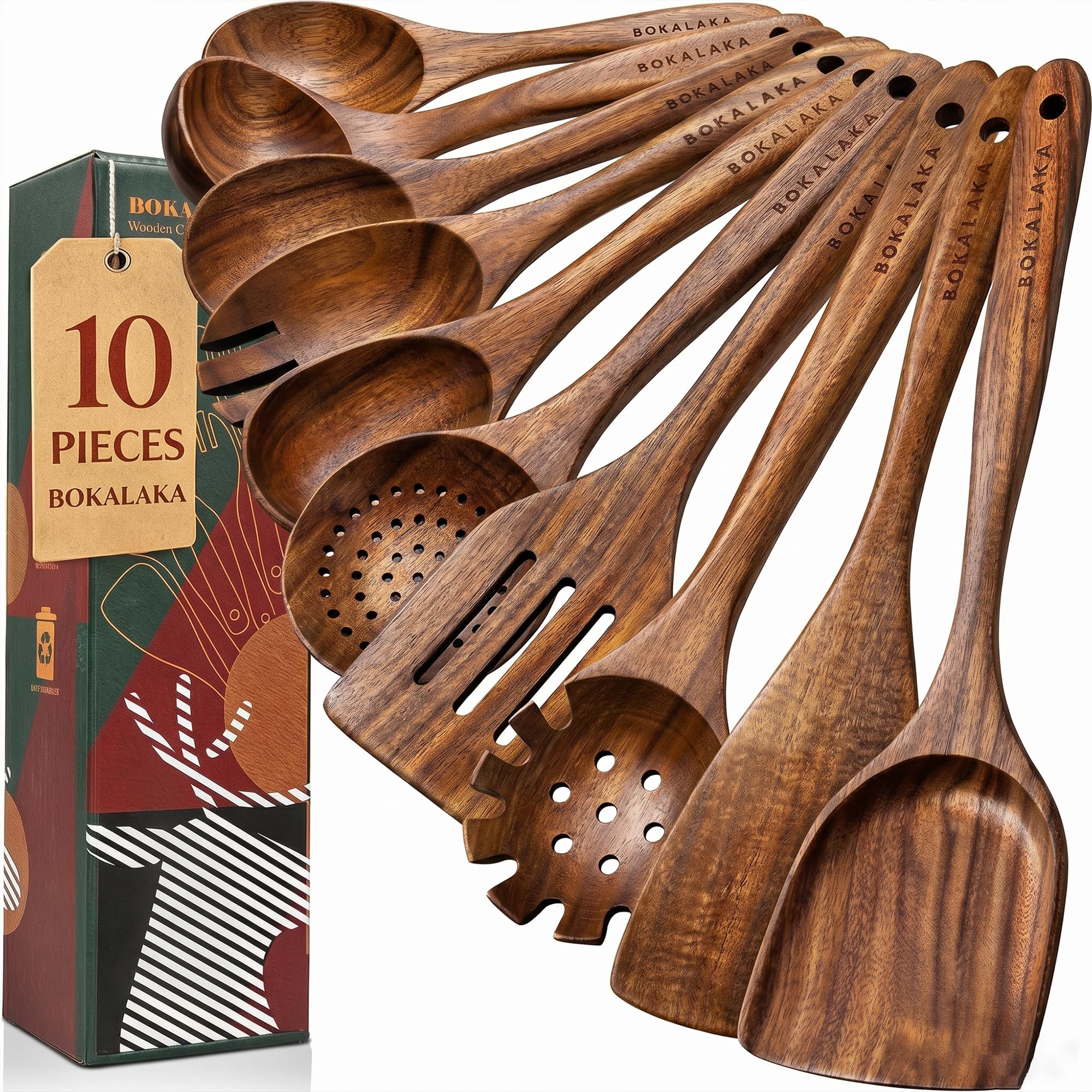 BOKALAKA Juego de 10 utensilios de cocina de madera de teca natural, espátulas y cucharas para cocinar