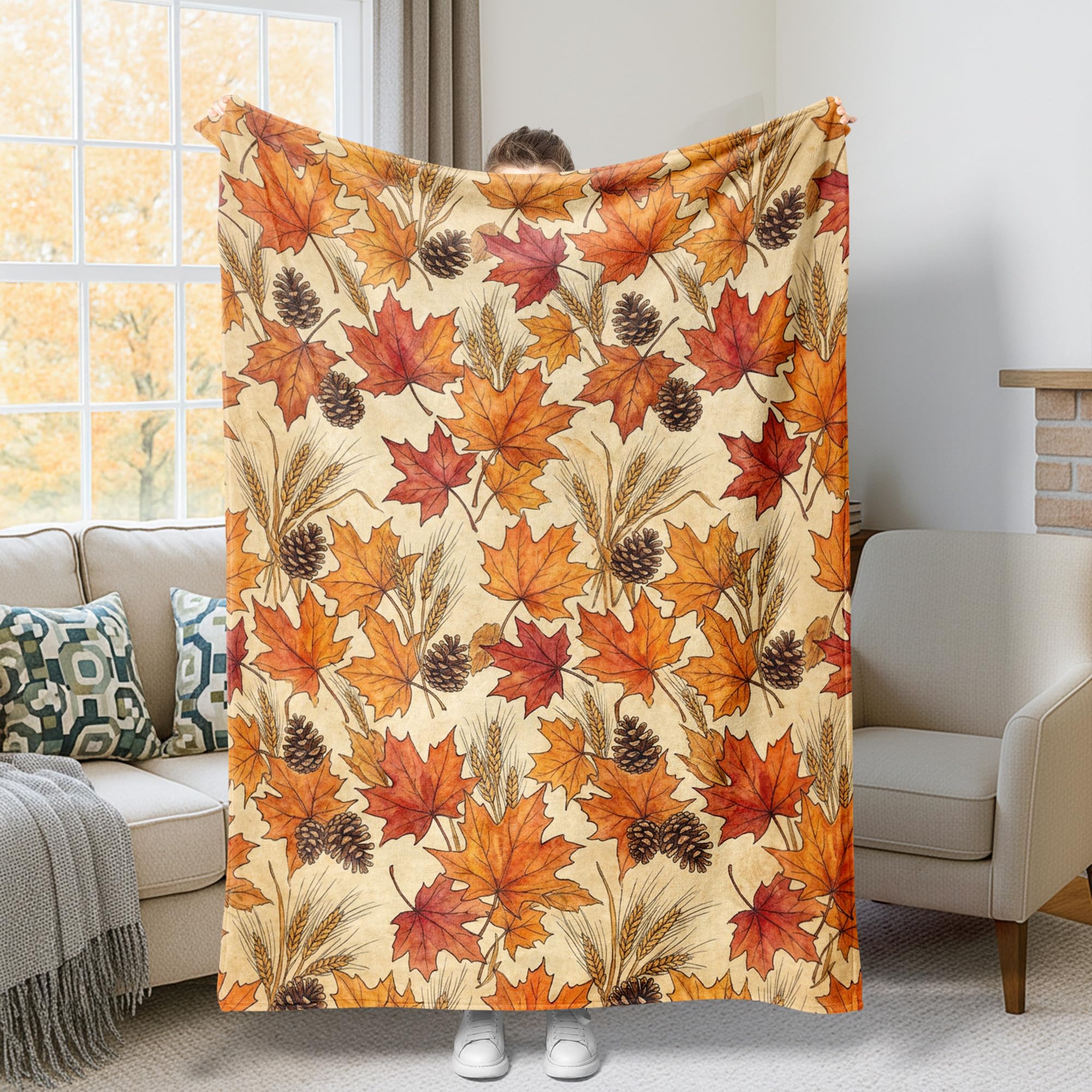 Couverture en polaire douce orange pour lit et chaise, plaid motif automne doux