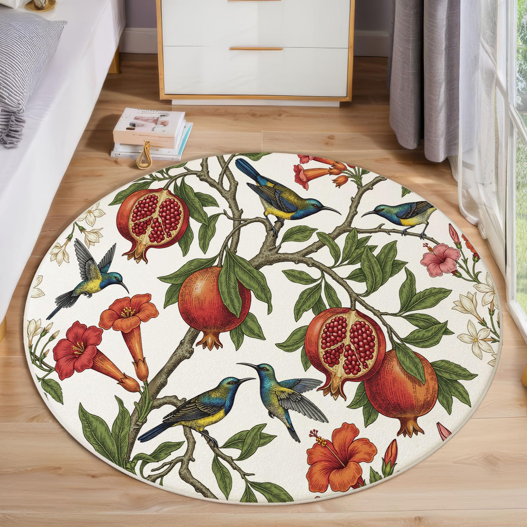 Tapis de salon rond antidérapant motif colibris et fleurs de grenade
