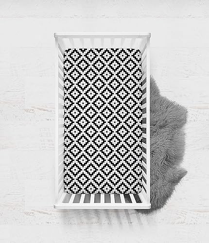 Miniatura 3 de Bacati - Paquete de 2 sábanas bajeras de percal 100 % algodón suave transpirable de Love Diamonds Aztec Neutral para cunaniño pequeño (negro)