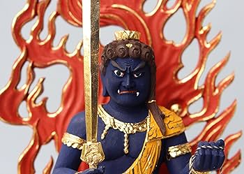 Amazon｜木彫仏像/座不動明王(青）四角台火焔光背3.5寸桧木彩色