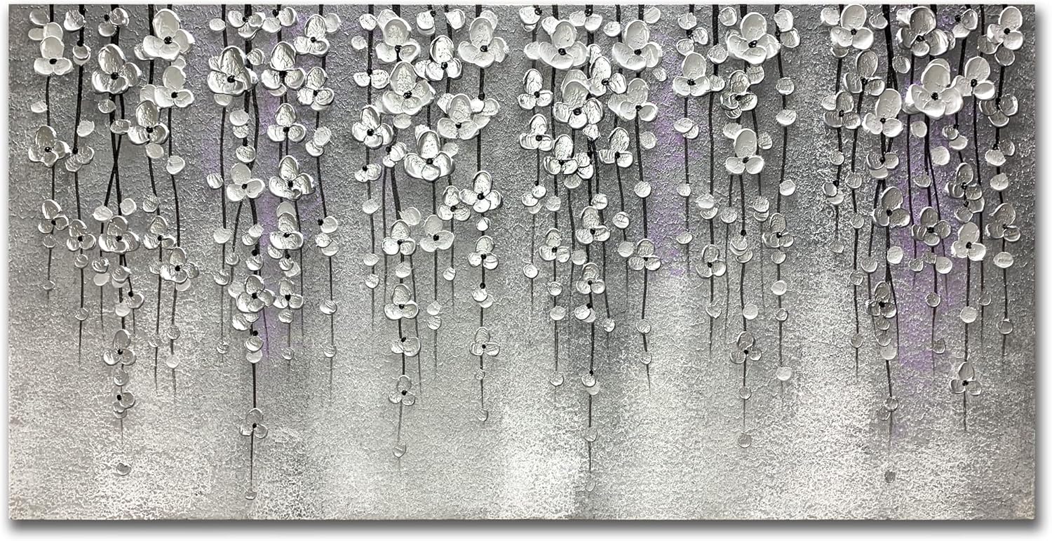 Yika Art 3D Paintings 24X48 Inch Modern Abstract Oil Painting Hand Painted On Canvas Abstract Artwork Picture Wall Decoration for living room - Silver Flower Wall Art (Gery)