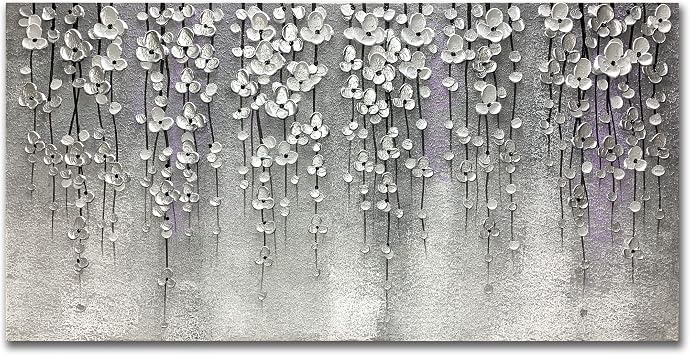 Yika Art 3D Paintings 24X48 Inch Modern Abstract Oil Painting Hand Painted On Canvas Abstract Artwork Picture Wall Decoration for living room - Silver Flower Wall Art (Gery)