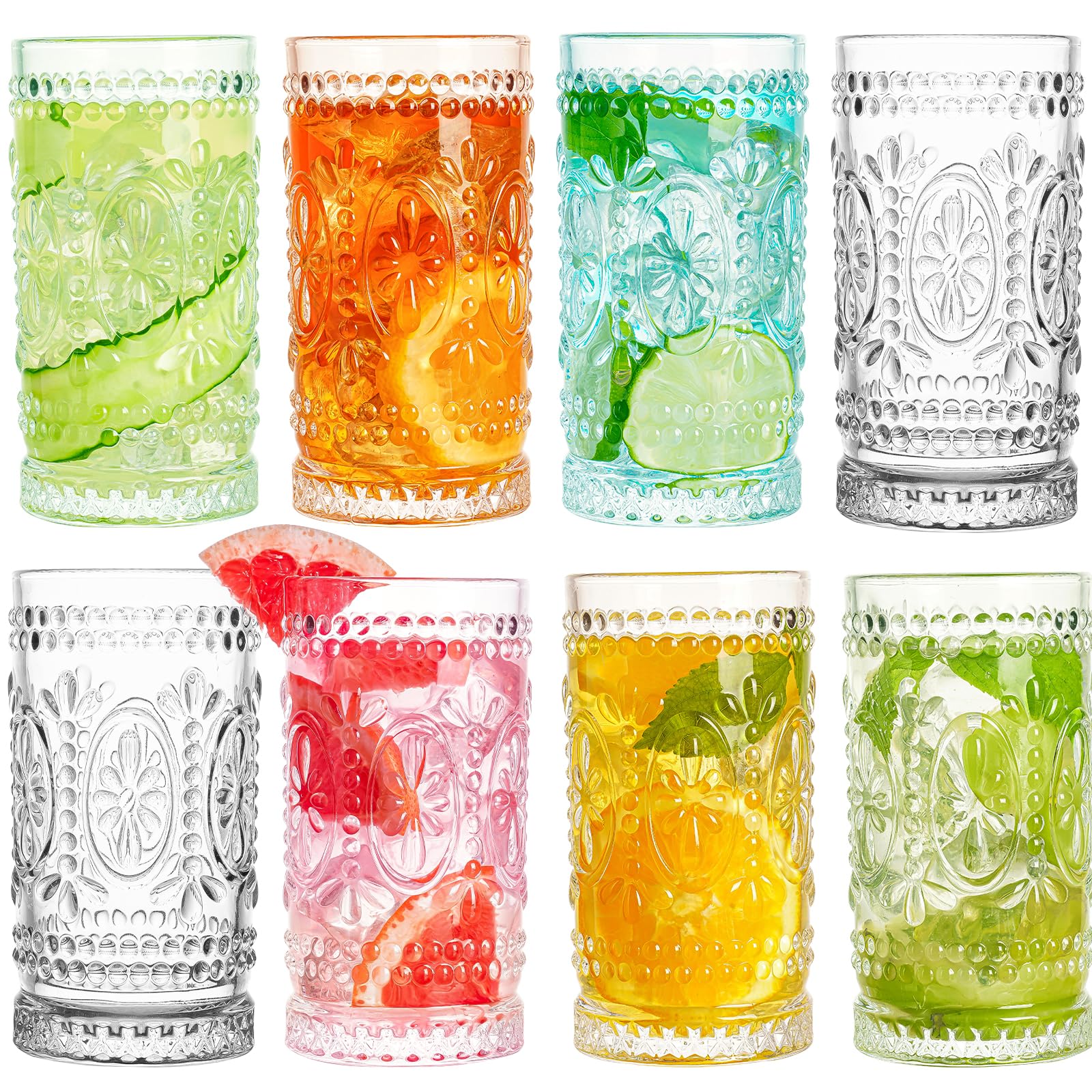 Vintage Drinking Glasses 8 pcs Romantic Glass Cups 15oz Highball Glasses Tall Water Glass Tumblers Mojito Cups Cocktail