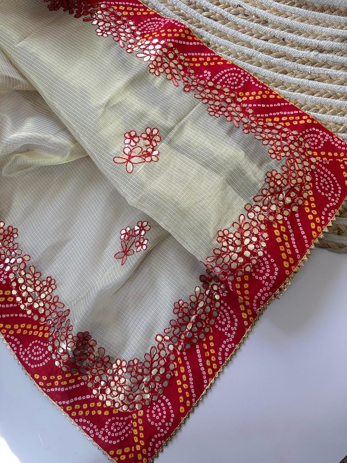 Jodha Style Kota Doria Saree with Zari Checks & Rajasthani Gota Patti Work | Bandhani Border & Blouse | Lightweight Festive Saree