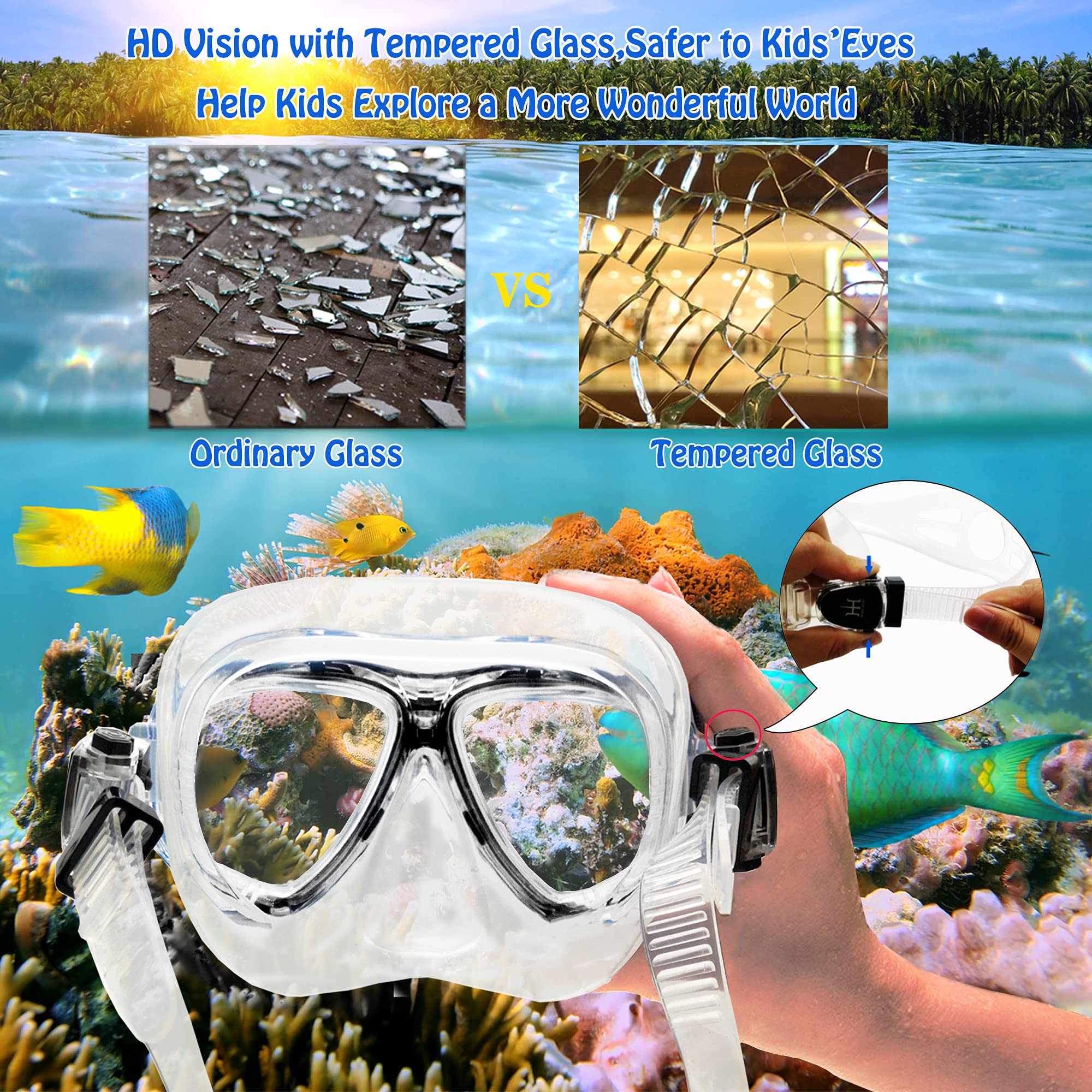 Set da Snorkeling per Bambini con Pinne, Vista Panoramica a 180° Occhialini Antiappannamento, Pinne da Nuoto Regolabili, Snorkel, Borsa in Rete ad Asciugatura Rapida