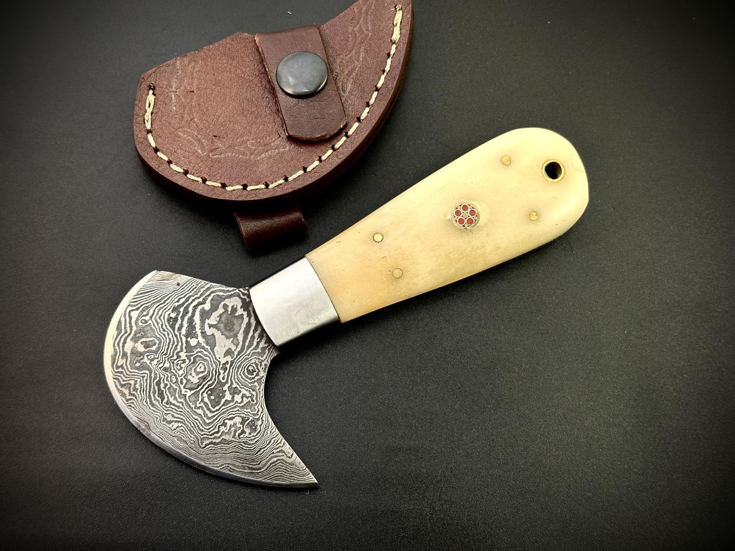 Handmade Damascus Steel Round Head Leather Cutting Knife | Bone Handle - Premium Craftsmanship for Precision Cuts | Durability (QD-20)