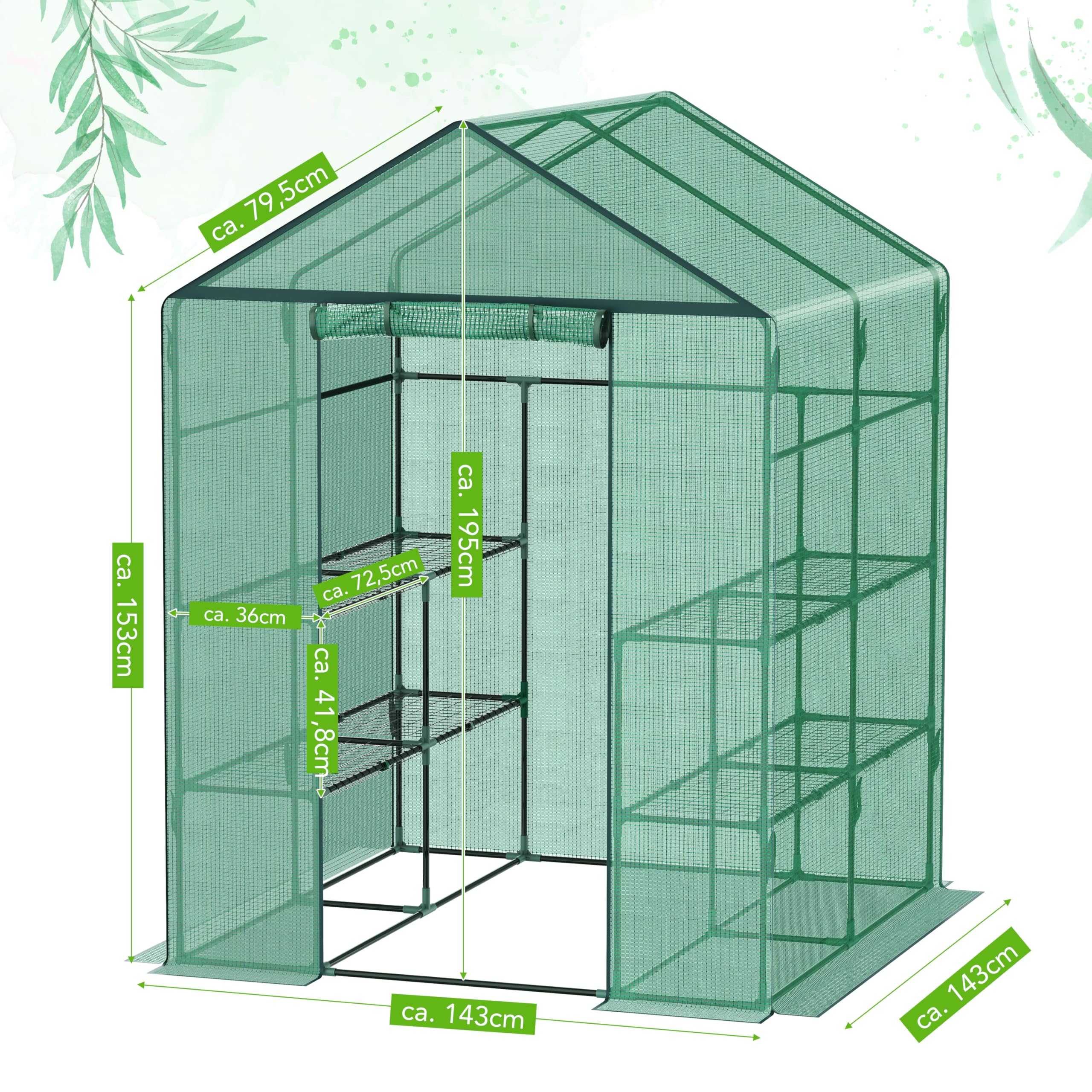 Ribelli Invernadero de plástico con Puerta Enrollable, 143 x 195 x 143 cm, 4 estantes, Resistente al Invierno, lámina de Polietileno, cobertizo de jardín para Plantas, Verduras, Flores, Verde
