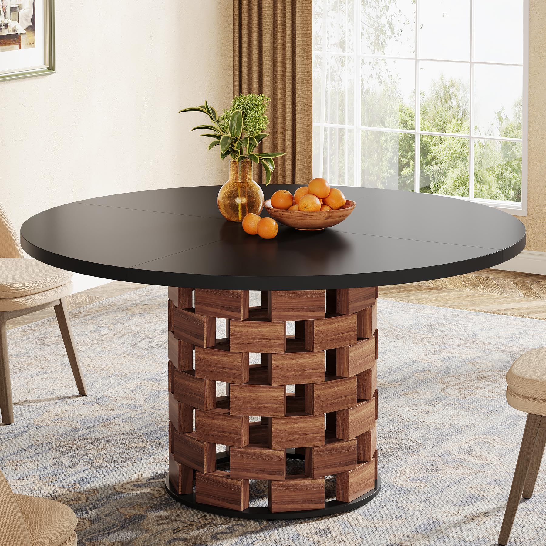 Tribesigns Round Dining Table for 4-6 People, 47" Farmhouse Kitchen Table, Dining Room Table with Wood Rectangular Block Base, Circle Dinner Tables