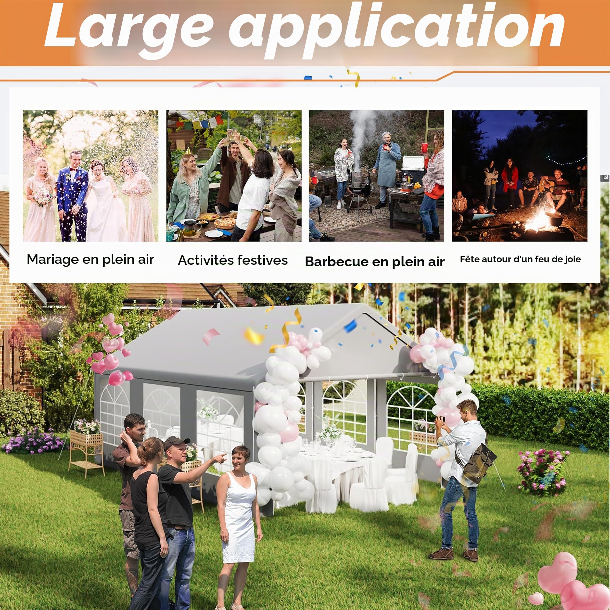 LZQ Tonnelle 4 x 6 m avec bâche de toit en polyéthylène 170 g/m², parois latérales fenêtre, tente de jardin réception, 4 x 6 m acier galvanisé, protection UV, pergola