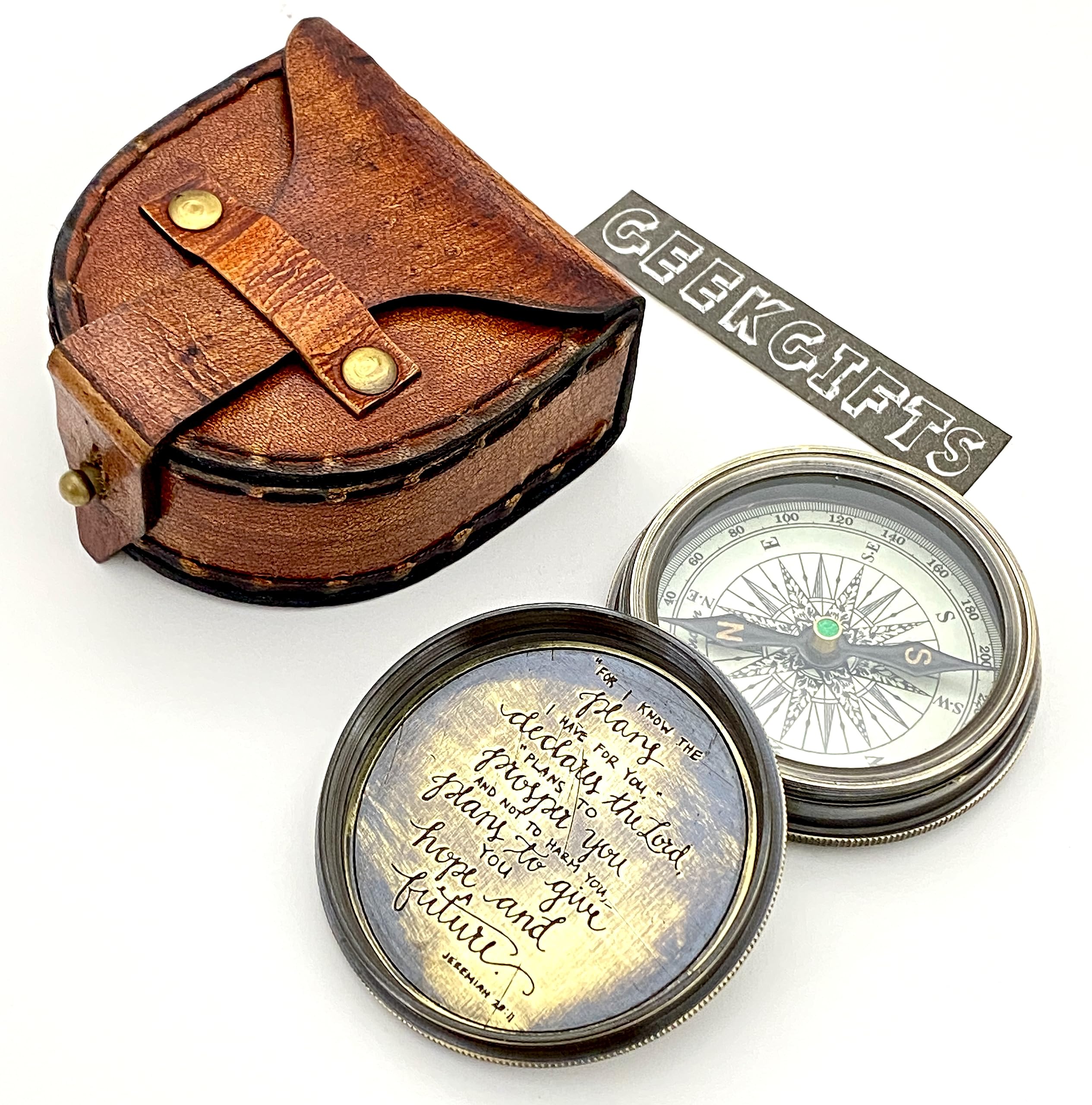 Brass Compass with Leather Box - Engraved Scripture Compass Religious Gift - Baptism, Confirmation, Communion Compass -Graduation Gift - Inspiration, Sentimental Gift - Engraved for I Know The Plan