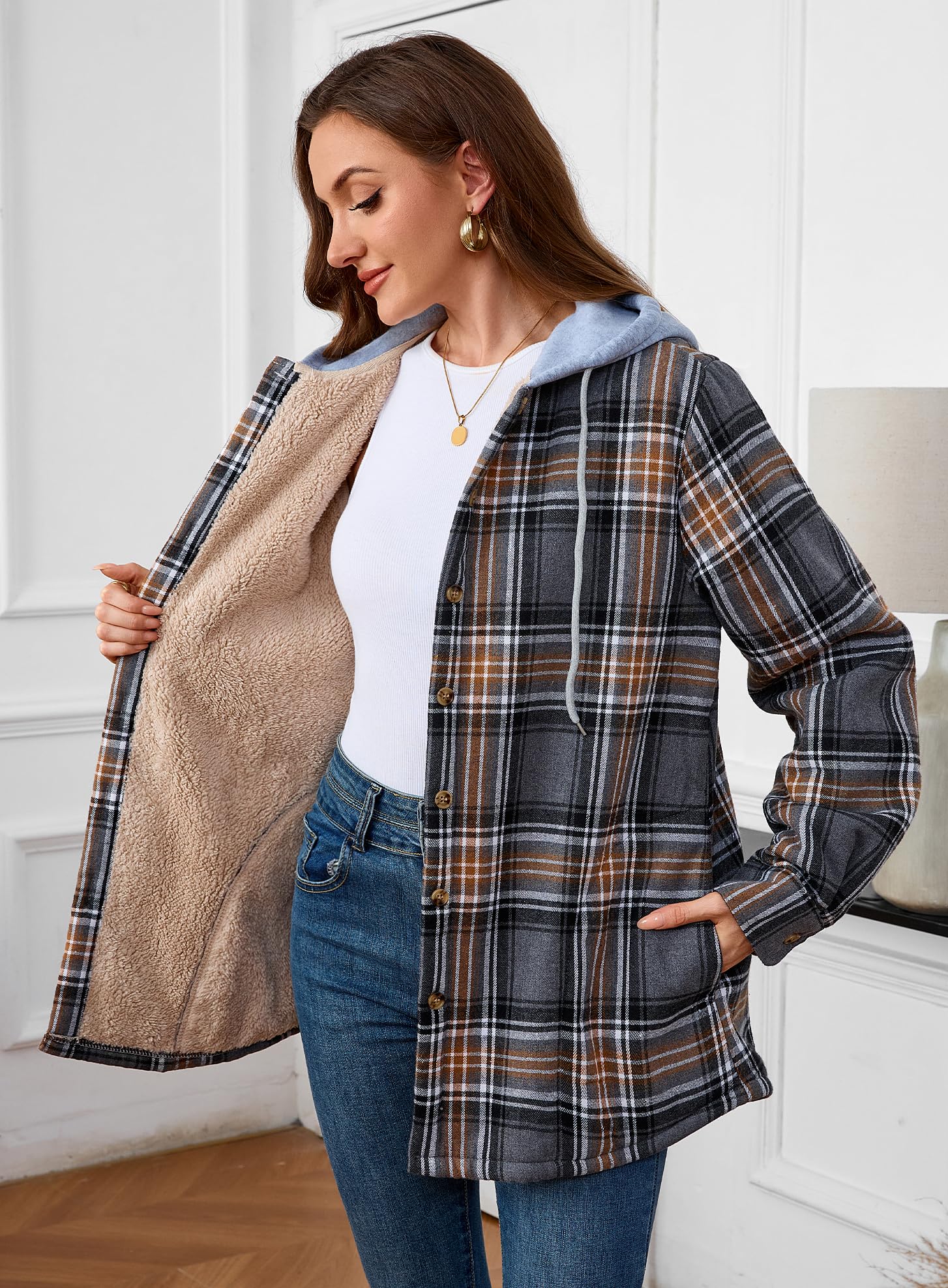 Damen Sherpa Gefüttert Flanell Hemdjacke Baumwolle Plaid Fleece Button Down Jacken mit Kapuze für Frauen