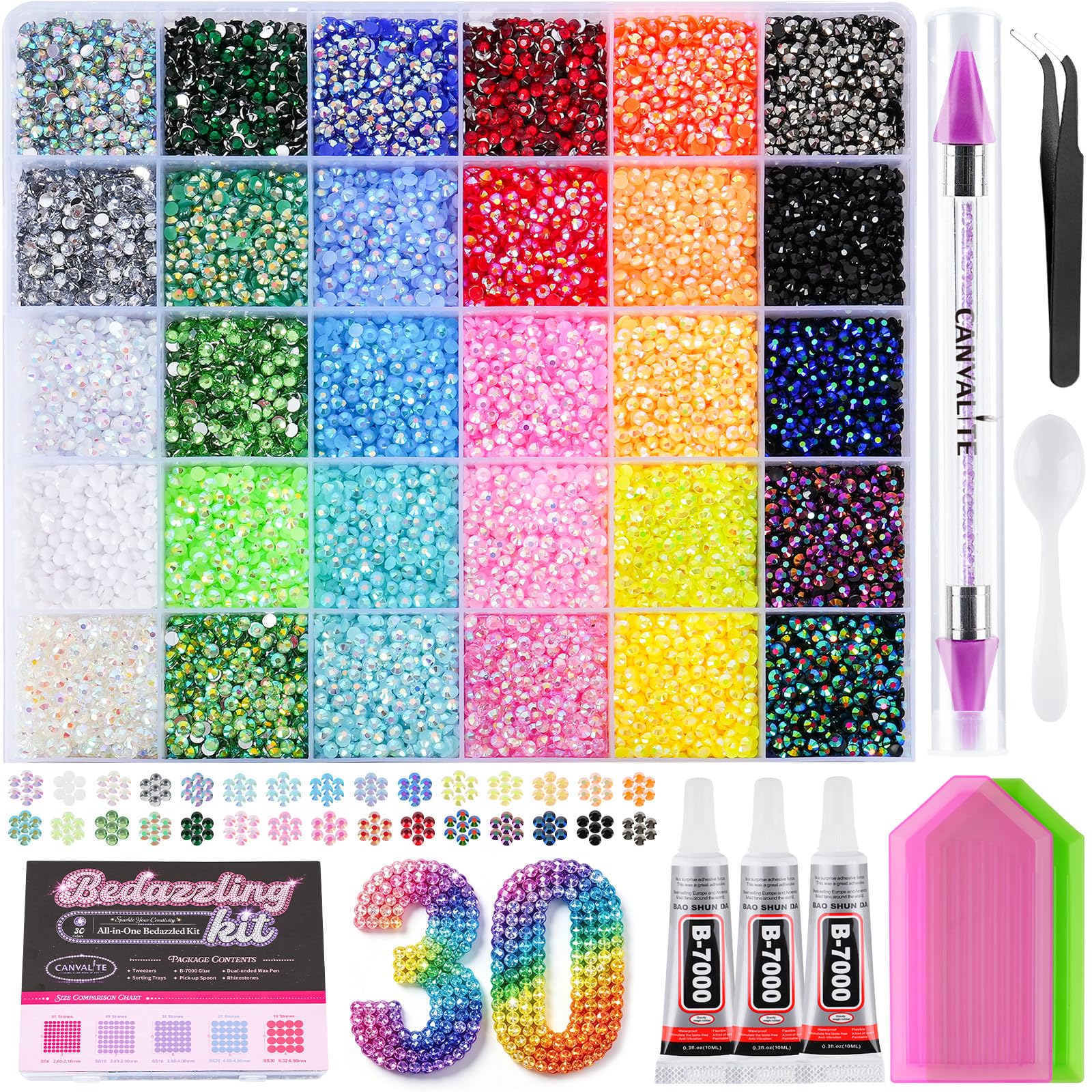 Canvalite 35000Pcs Resin Jelly Rhinestones for Bedazzling Kit | 30 Colours, 3mm Multicolor Flatback Rhinestones, with 3Pcs Jewelry Glue and Tools, Bedazzler Kit for Crafting Book Clothes Makeup