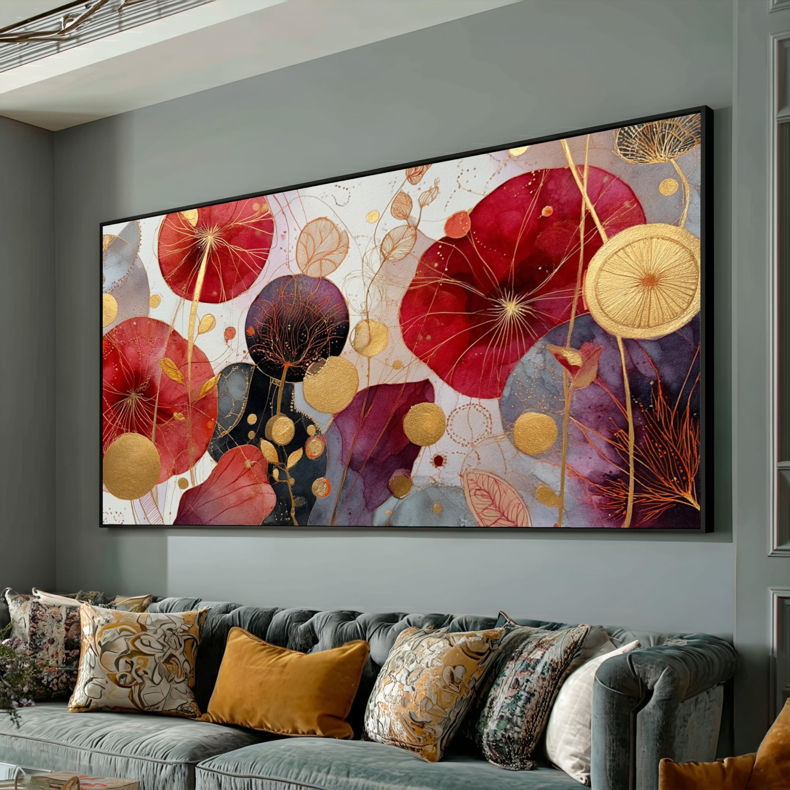 Décoration murale nature fleurs rouges violettes : tableau abstrait sur toile 40x80 cm - 8