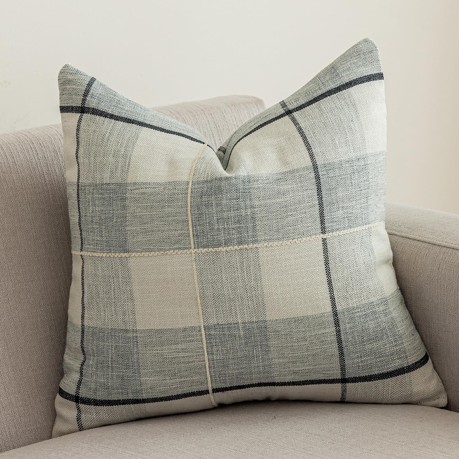 vctops Rustic Lattice Cotton Linen Decorative Throw Pillow Cover Embroidery Square Cushion Cover Pillowcase for Sofa Bedroom Couch (Grey White Plaid,