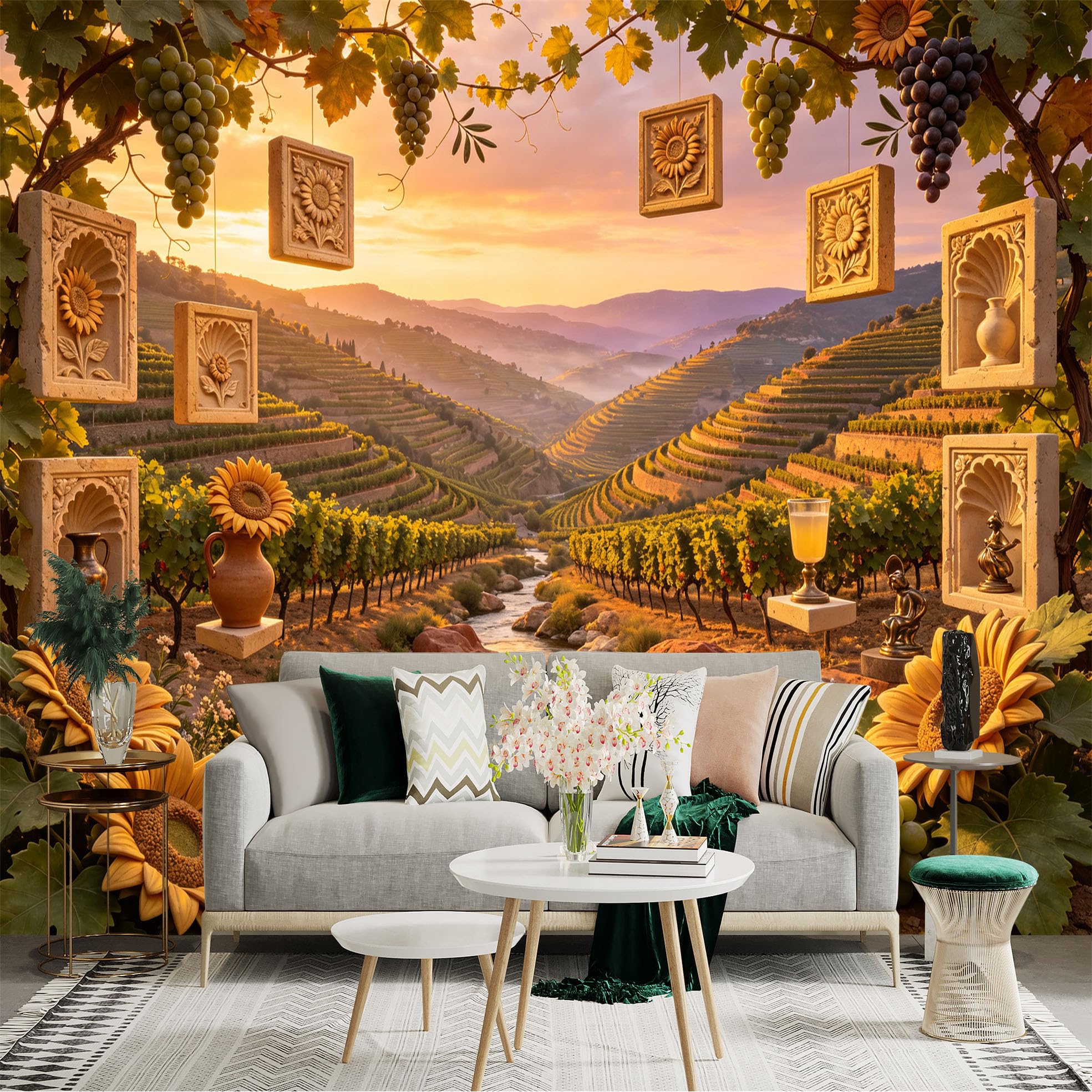 Lnzczhyre Bh260719580 Custom Size Wall Sticker Mural， Tuscan Vineyard Landscape， Golden Sunflowers And Grapes， Scenic River Valley， For Wall Decoration， Peelandstick Wall Decals.