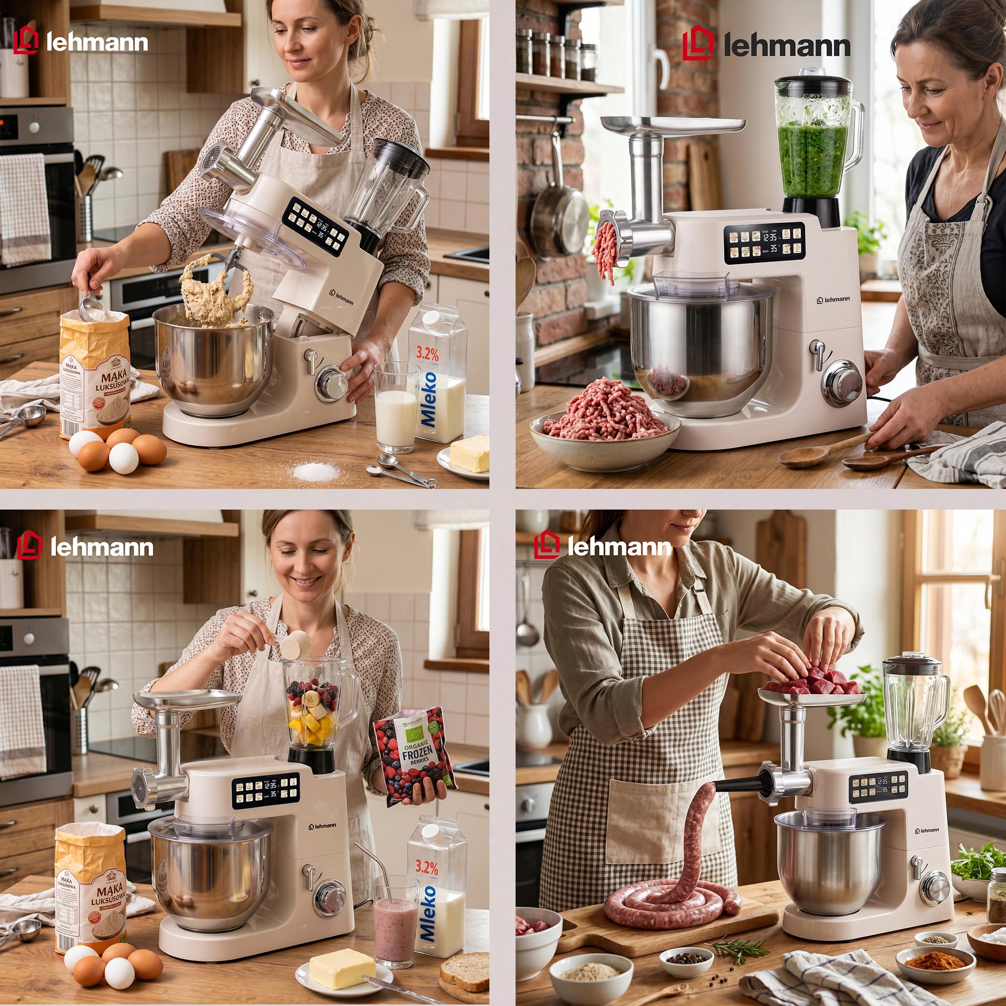 LEHMANN Teyles Impastatrice Planetaria Professionale 2100W 8L con Bilancia Integrata, Touchscreen e Ciotola Riscaldata, Blender 1,5L, Tritacarne, Planetaria per Pane e Pizza, Beige