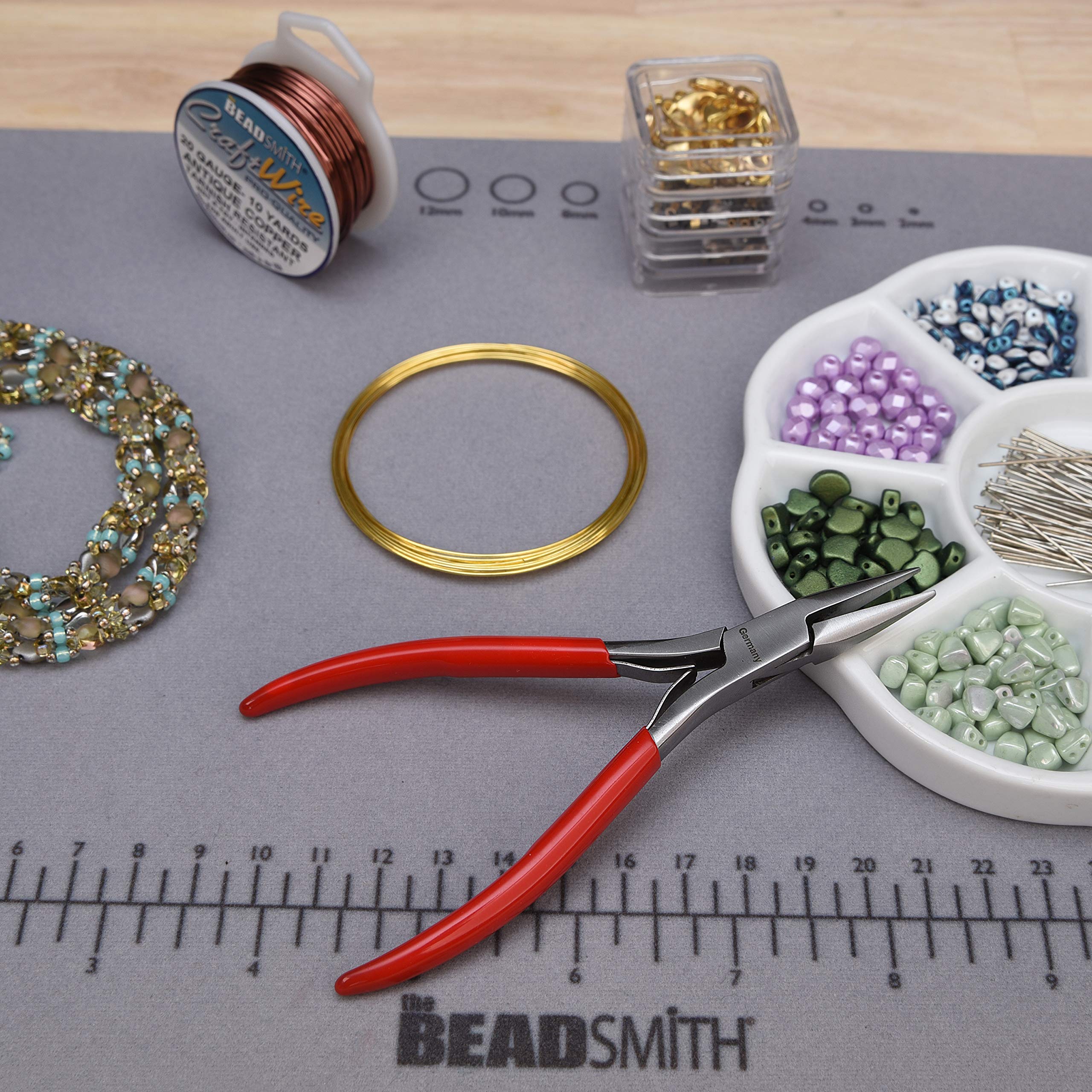The Beadsmith Platinum Series niemieckie szczypce do nosa, 120 mm, z polerowaną stalową głowicą, czerwony uchwyt z PCW, wygodny uchwyt z podwójną sprężyną, narzędzie do produkcji biżuterii