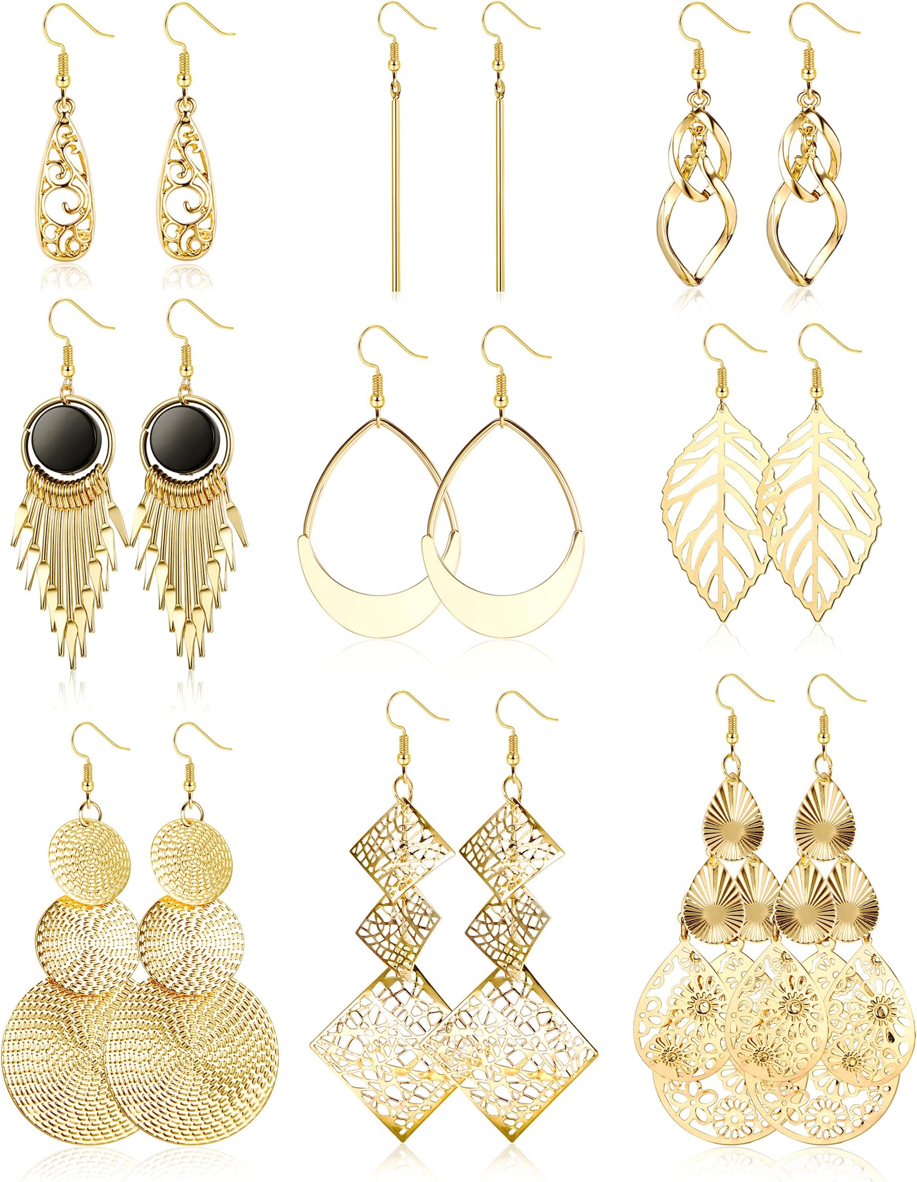 JeweBella9 Pairs Drop Dangle Earrings Stainless Steel for Women Girls Boho Vintage Silver/Gold Tassel Drop Earrings Set Hypoallergenic Leaf Long Bar Earrings Fashion Jewellery
