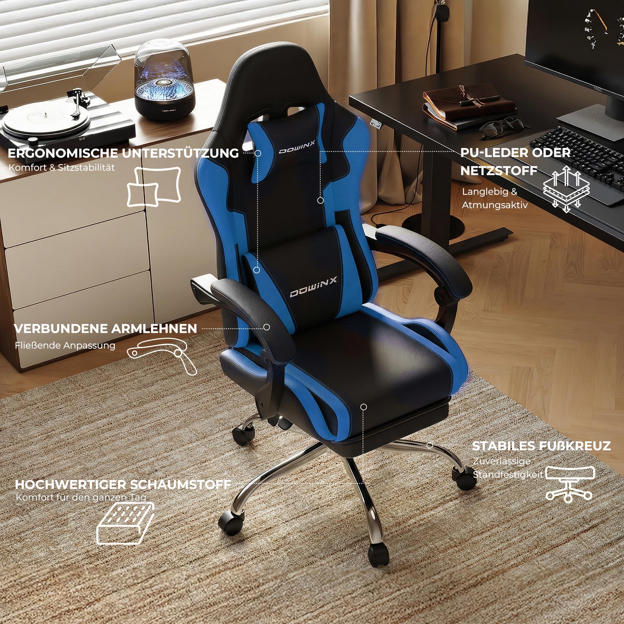 Dowinx Fotel gamingowy, ergonomiczne krzesło dla graczy z podnóżkiem, krzesło biurowe do biura i biura domowego, oparcie regulowane do 150°, obciążenie do 180 kg, niebieskie