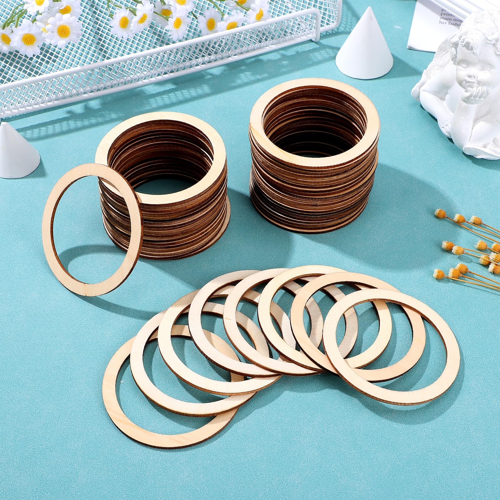 50 Pièces Cercles Creux en Bois Ronds pour Loisirs Créatifs DIY