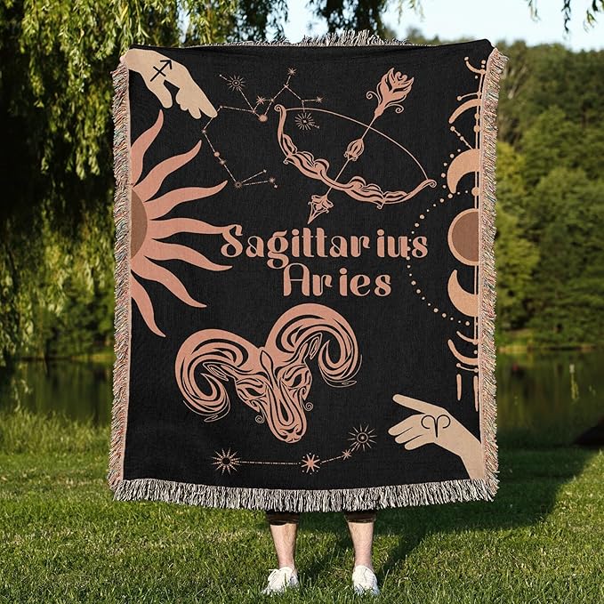 Throw Blanket, 100% Cotton Woven, Zodiac Compatibility Sign, Astrology Decor Woven Tapestry, Aries Sagittarius Horoscope Match 2-Inch Fringe Detail, Vintage Aesthetic Multiple Sizes 50 x 60